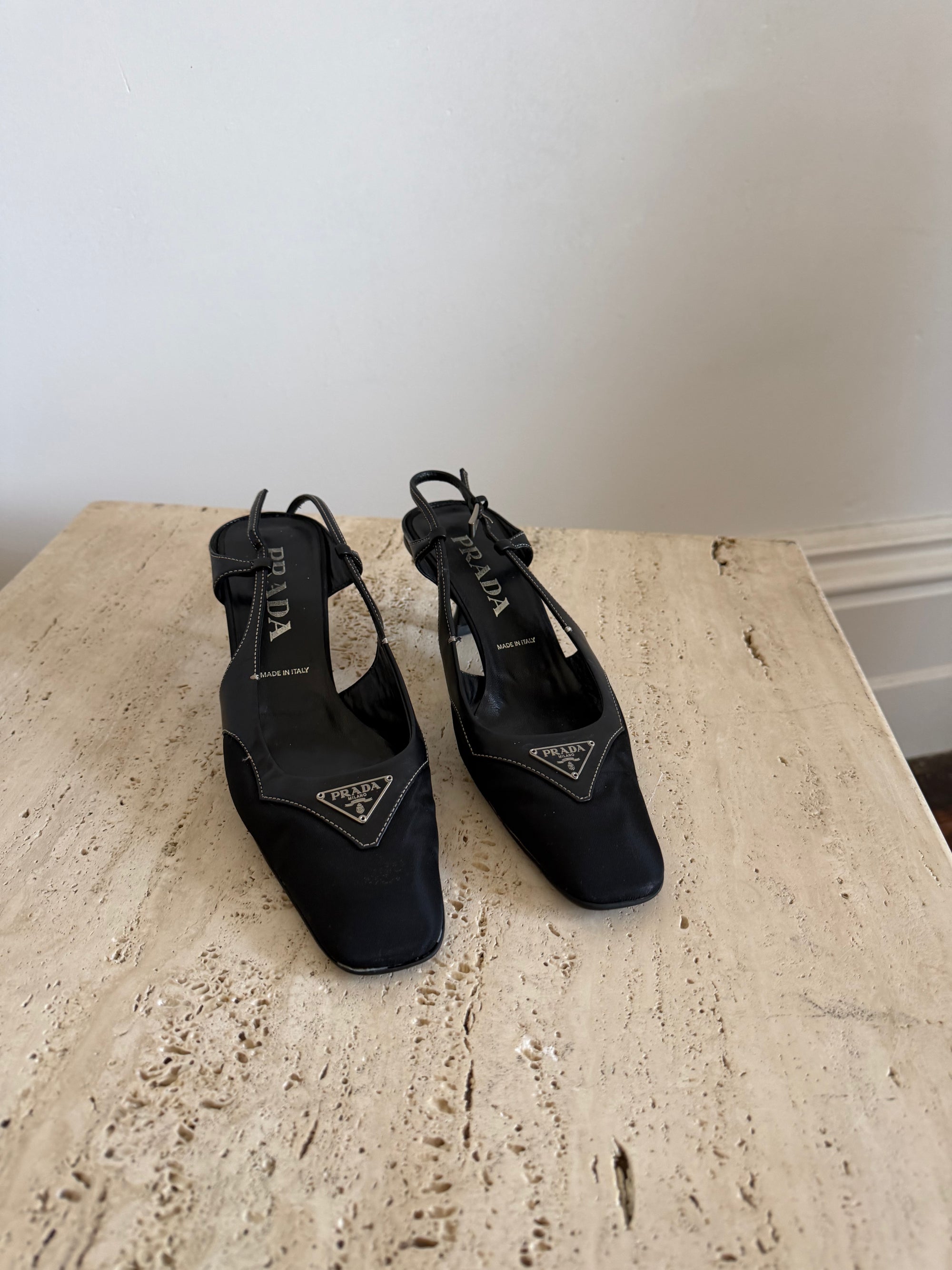 Vintage 90s Prada Black Nylon Leather Slingback Heels