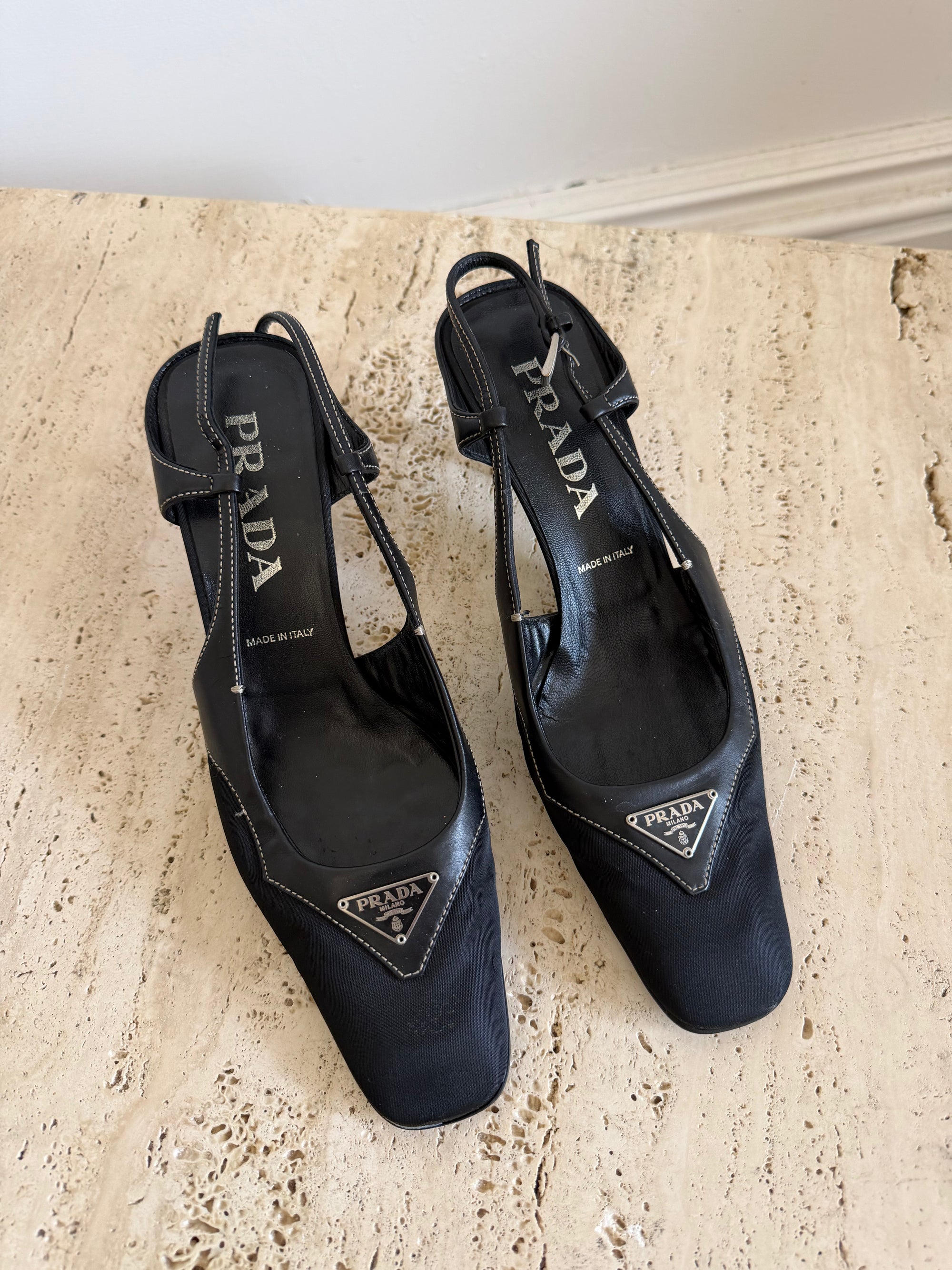 Vintage 90s Prada Black Nylon Leather Slingback Heels