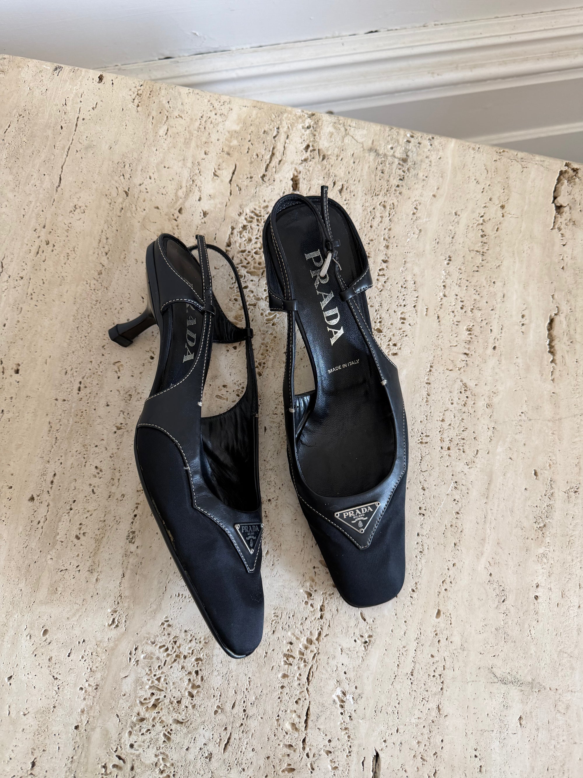 Vintage 90s Prada Black Nylon Leather Slingback Heels