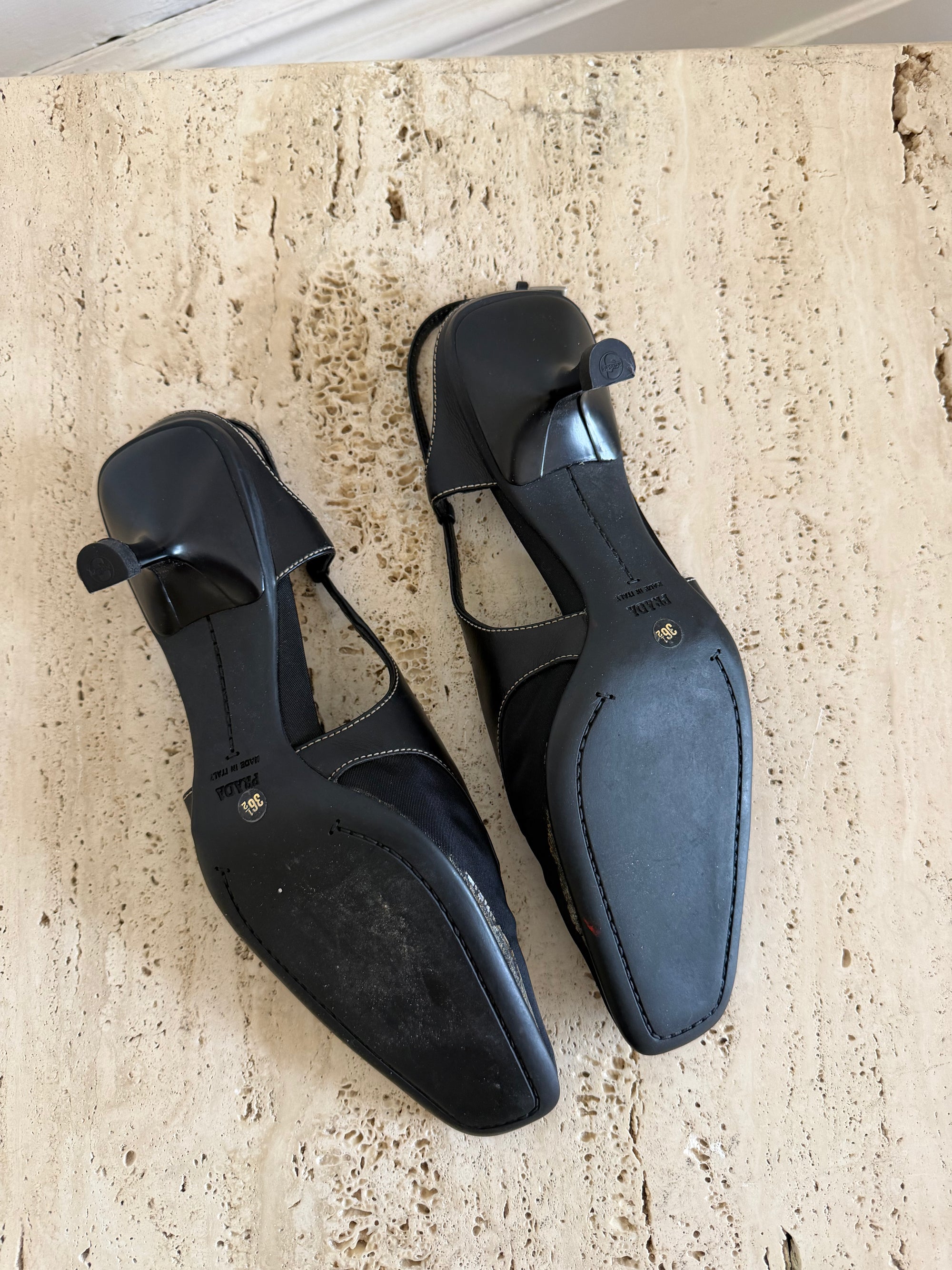 Vintage 90s Prada Black Nylon Leather Slingback Heels