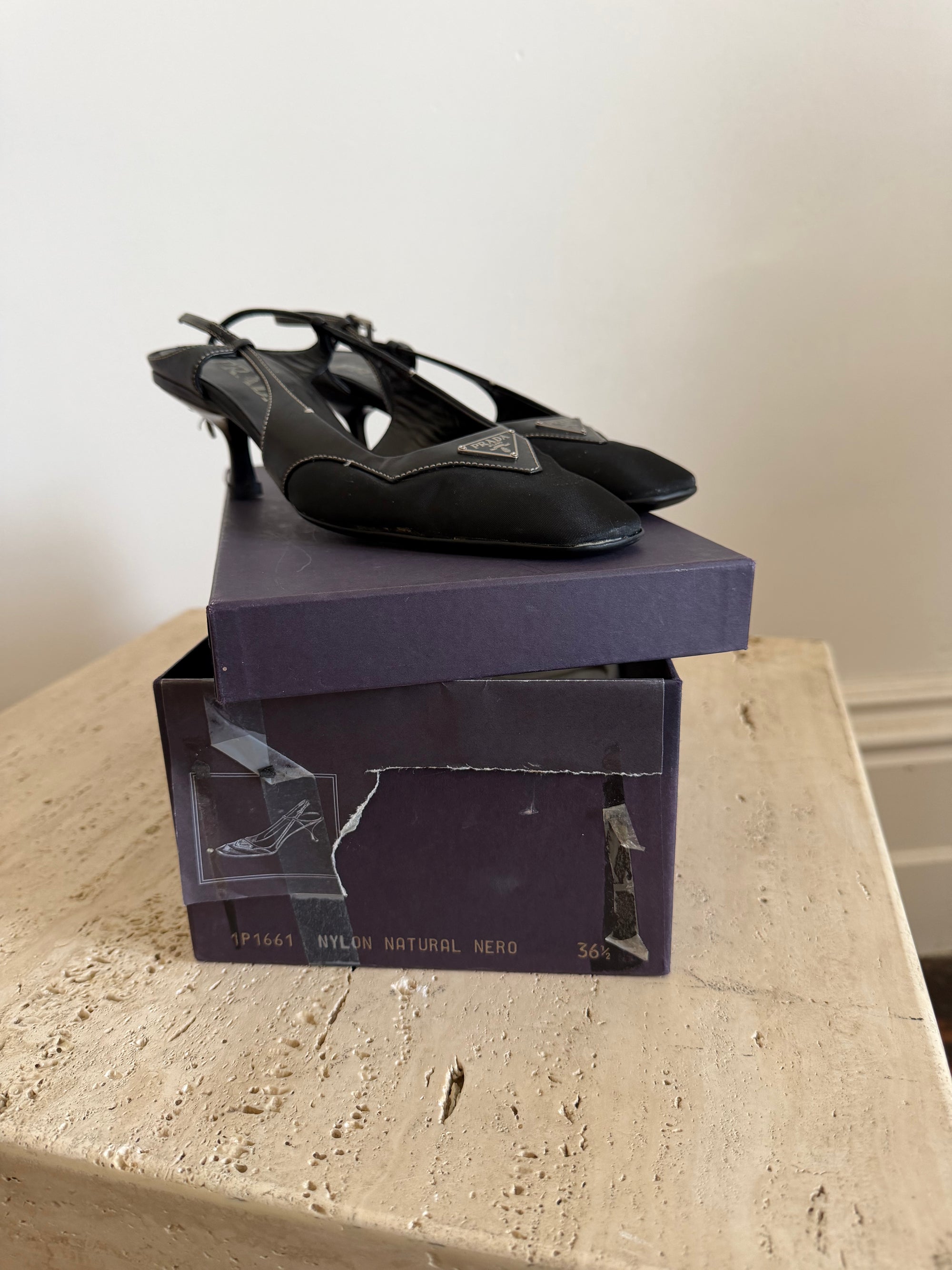 Vintage 90s Prada Black Nylon Leather Slingback Heels
