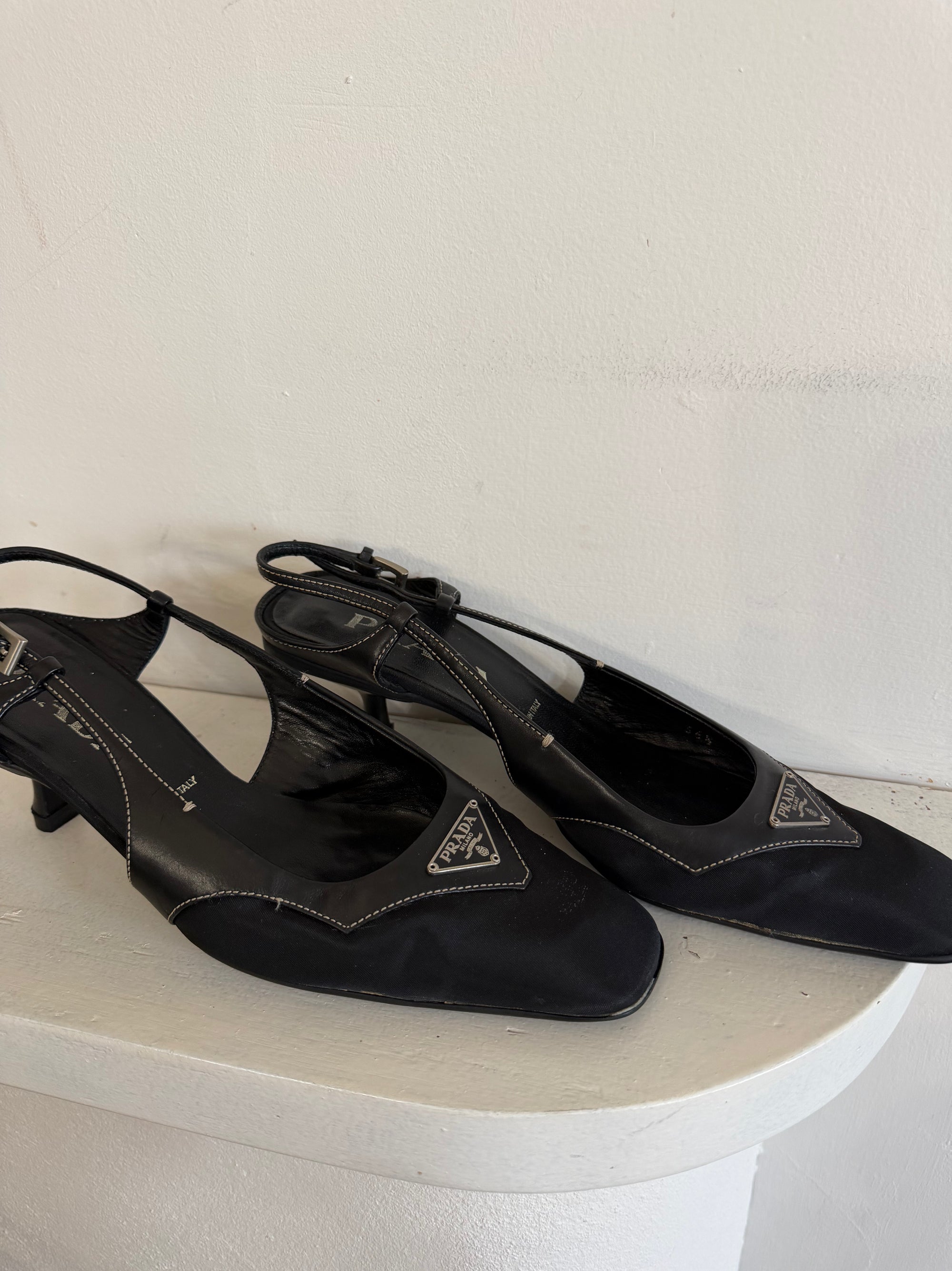 Vintage 90s Prada Black Nylon Leather Slingback Heels