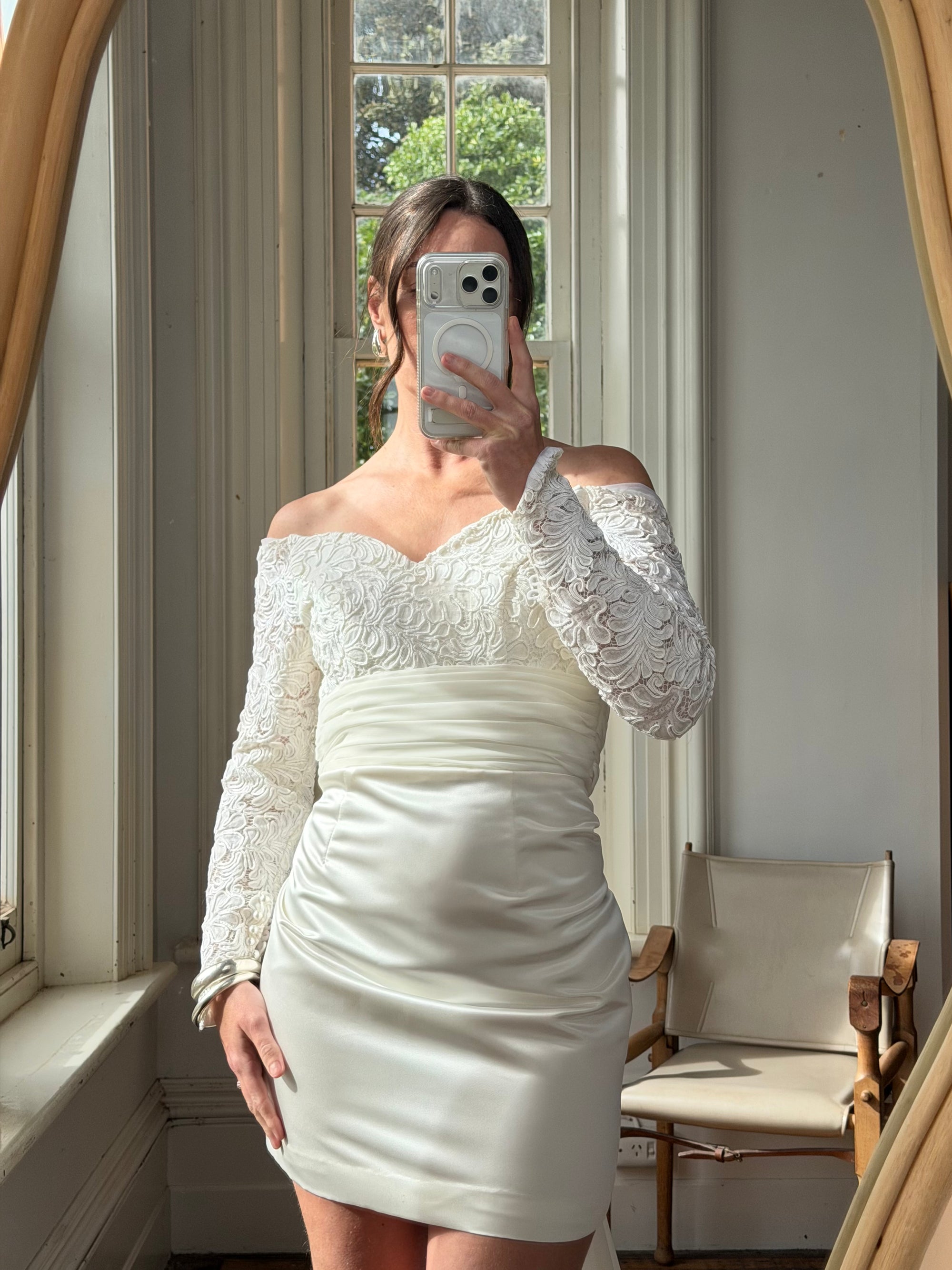 Vintage Off Shoulder Lace Satin Bridal Mini with Train