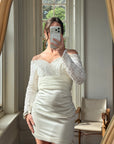 Vintage Off Shoulder Lace Satin Bridal Mini with Train