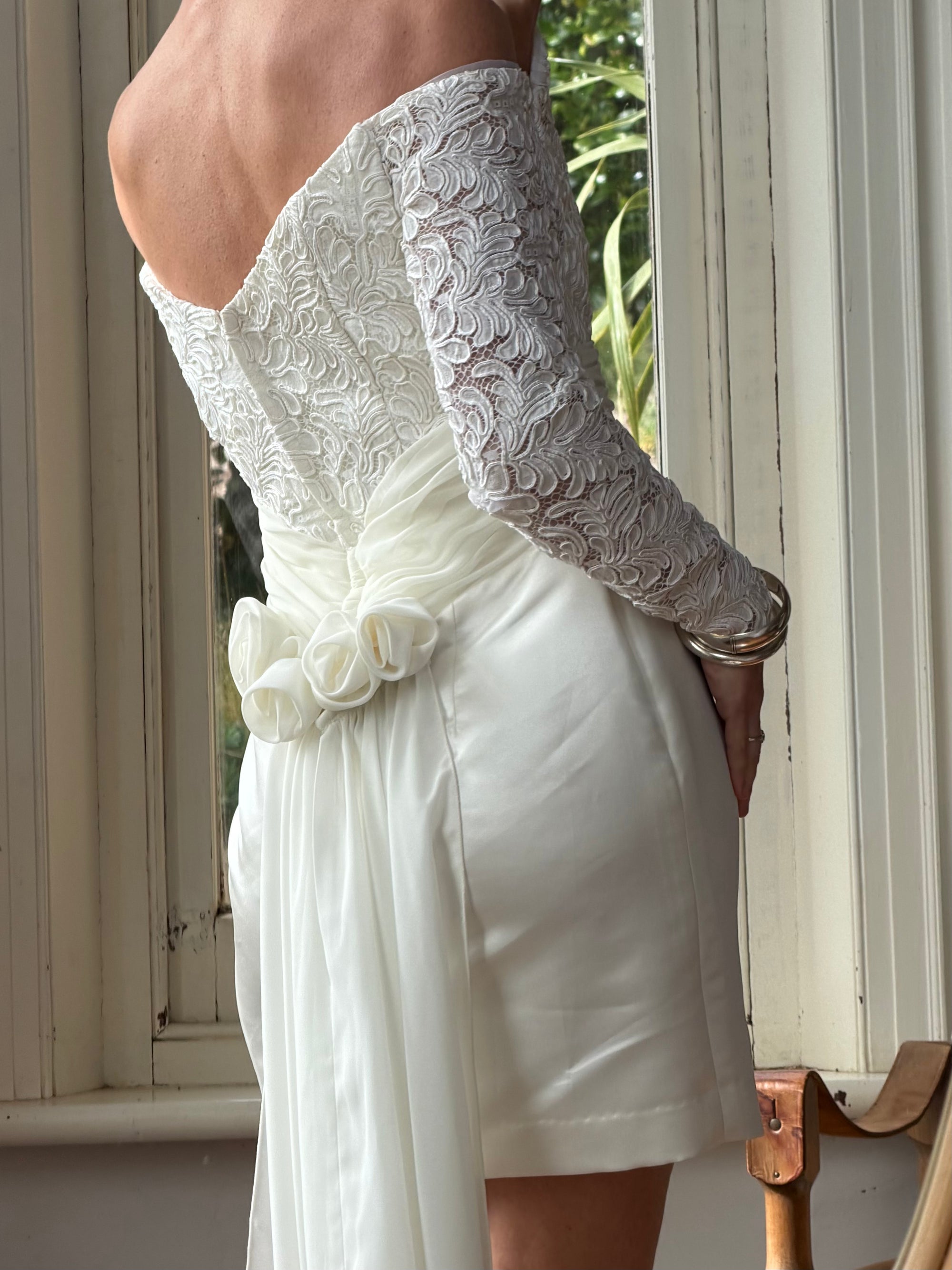 Vintage Off Shoulder Lace Satin Bridal Mini with Train