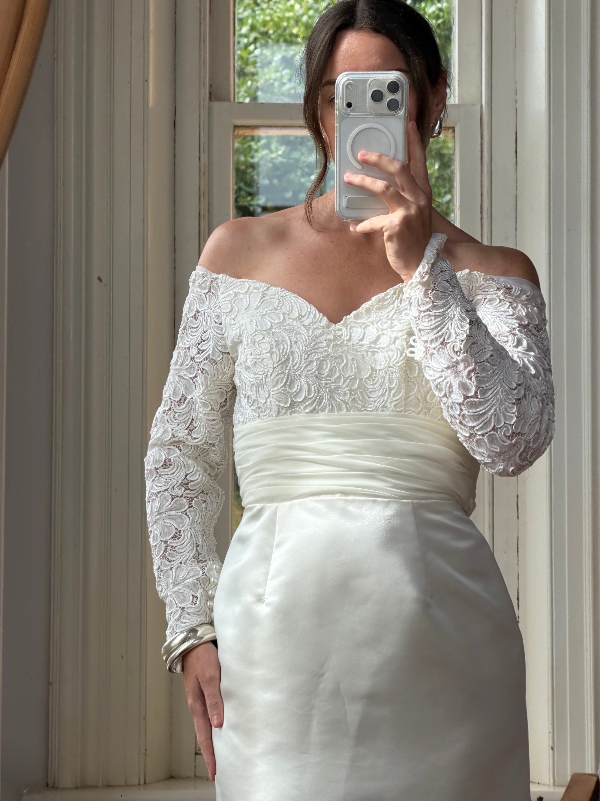 Vintage Off Shoulder Lace Satin Bridal Mini with Train