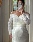 Vintage Off Shoulder Lace Satin Bridal Mini with Train