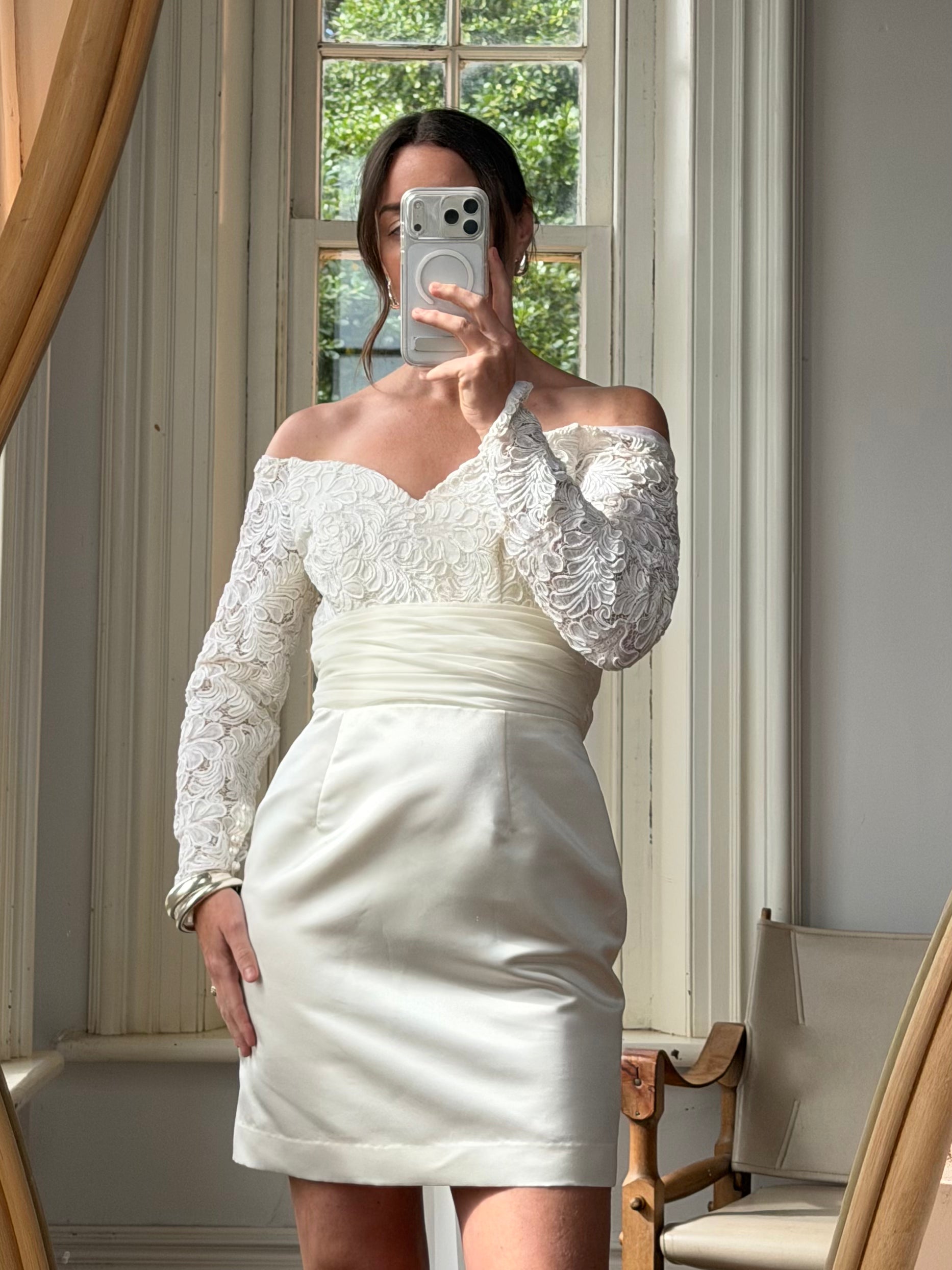 Vintage Off Shoulder Lace Satin Bridal Mini with Train
