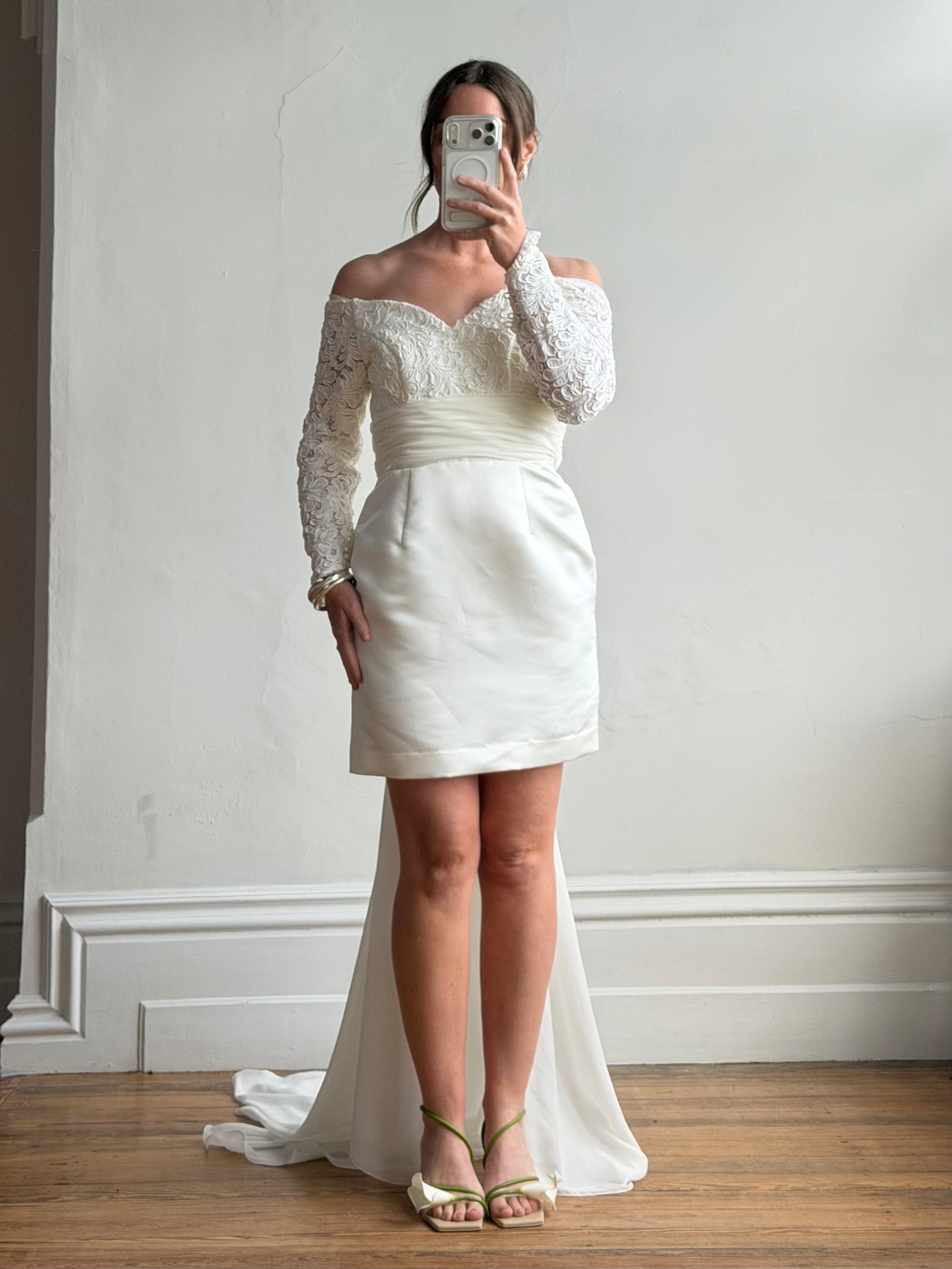 Vintage Off Shoulder Lace Satin Bridal Mini with Train