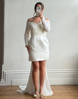 Vintage Off Shoulder Lace Satin Bridal Mini with Train