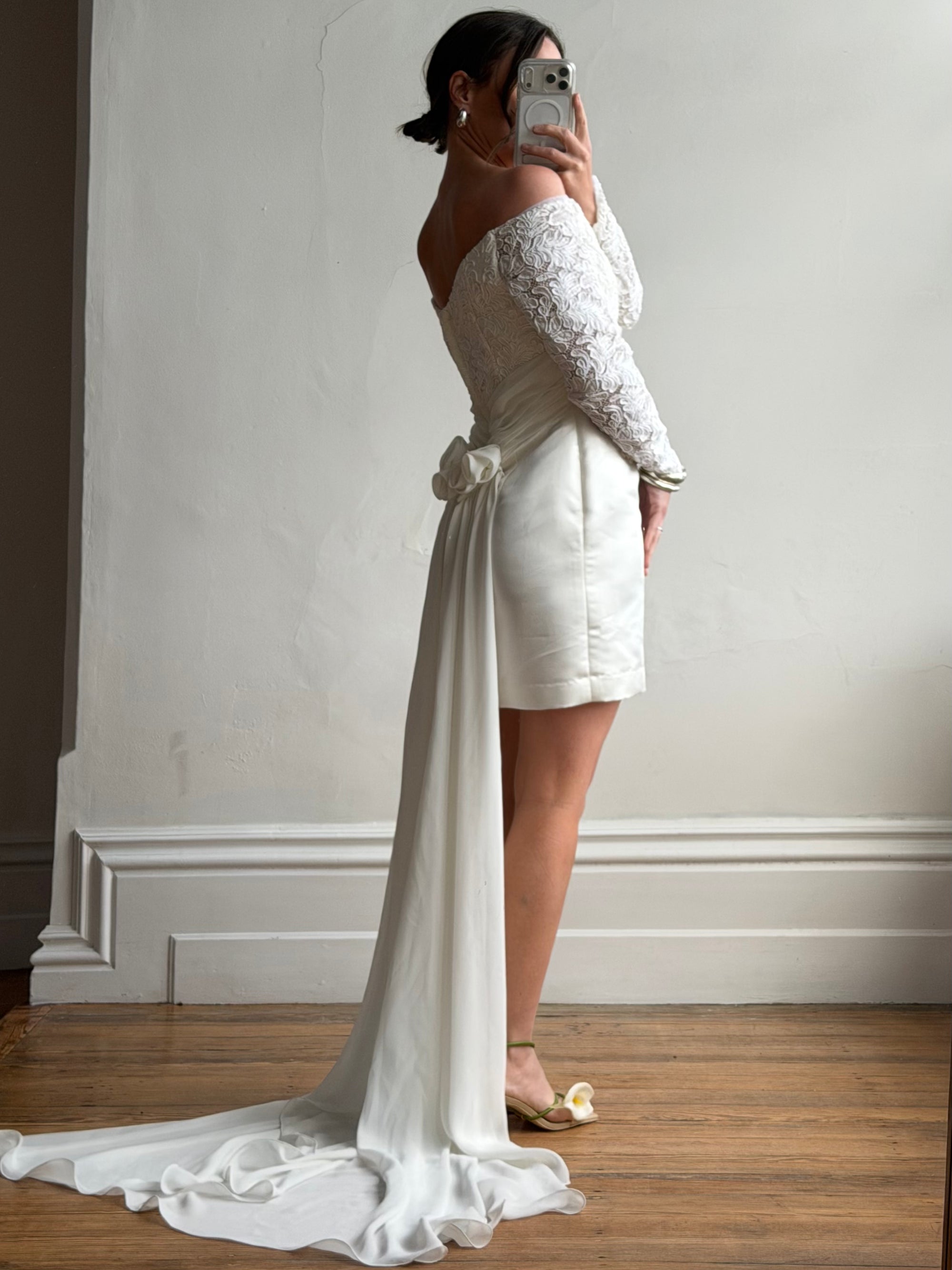 Vintage Off Shoulder Lace Satin Bridal Mini with Train