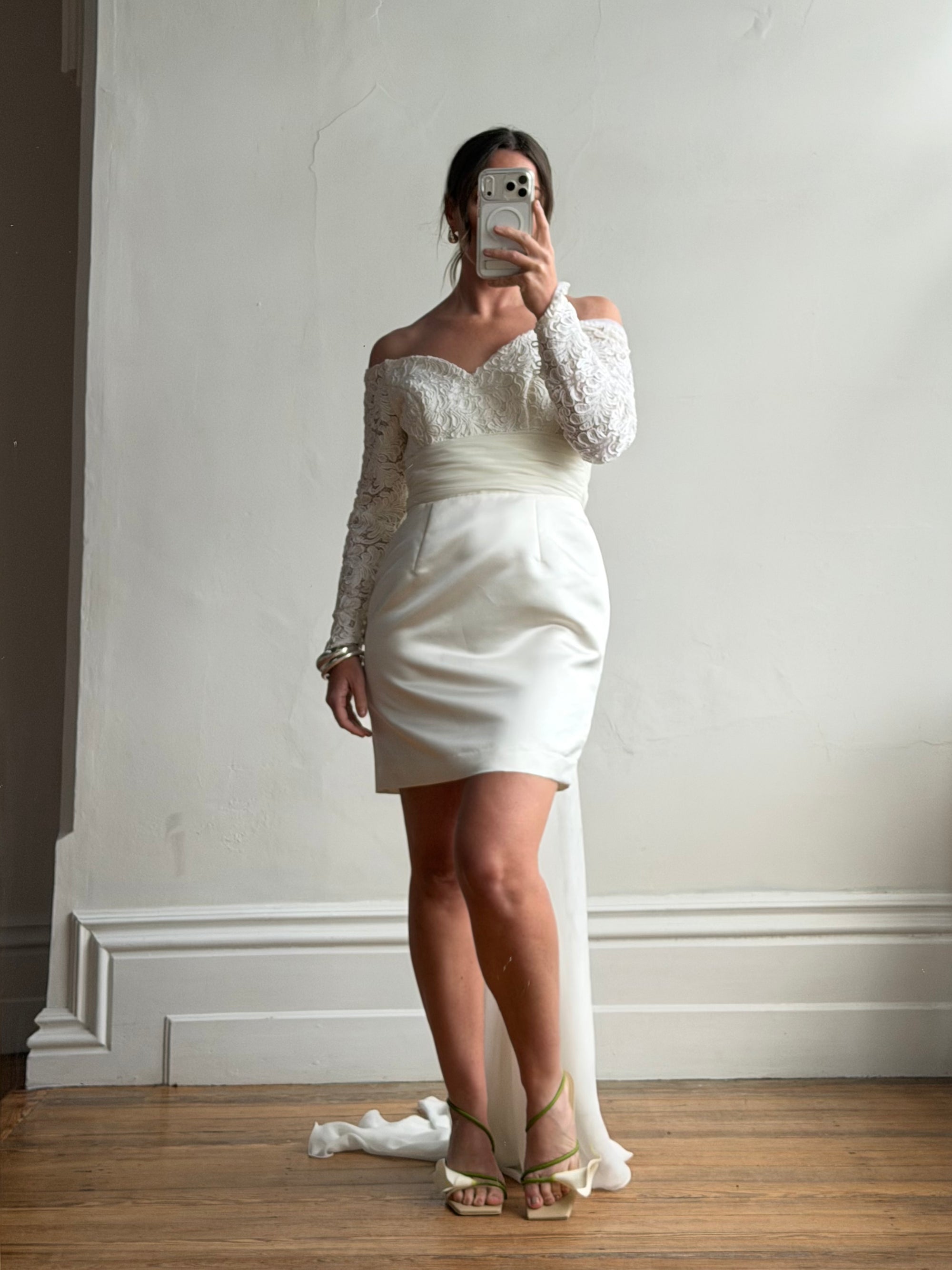 Vintage Off Shoulder Lace Satin Bridal Mini with Train
