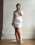 Vintage Off Shoulder Lace Satin Bridal Mini with Train