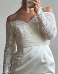 Vintage Off Shoulder Lace Satin Bridal Mini with Train