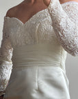 Vintage Off Shoulder Lace Satin Bridal Mini with Train