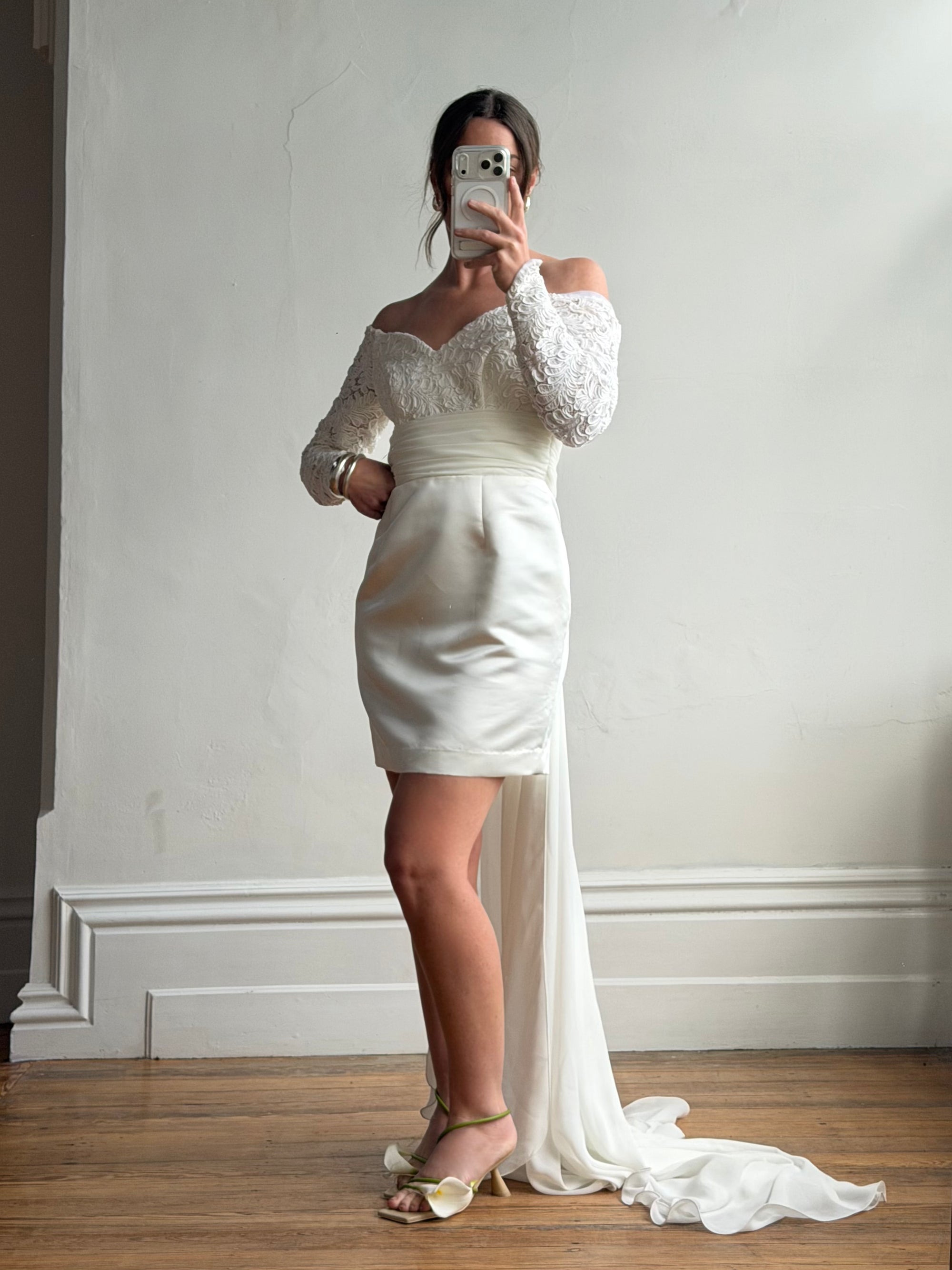 Vintage Off Shoulder Lace Satin Bridal Mini with Train