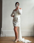 Vintage Off Shoulder Lace Satin Bridal Mini with Train