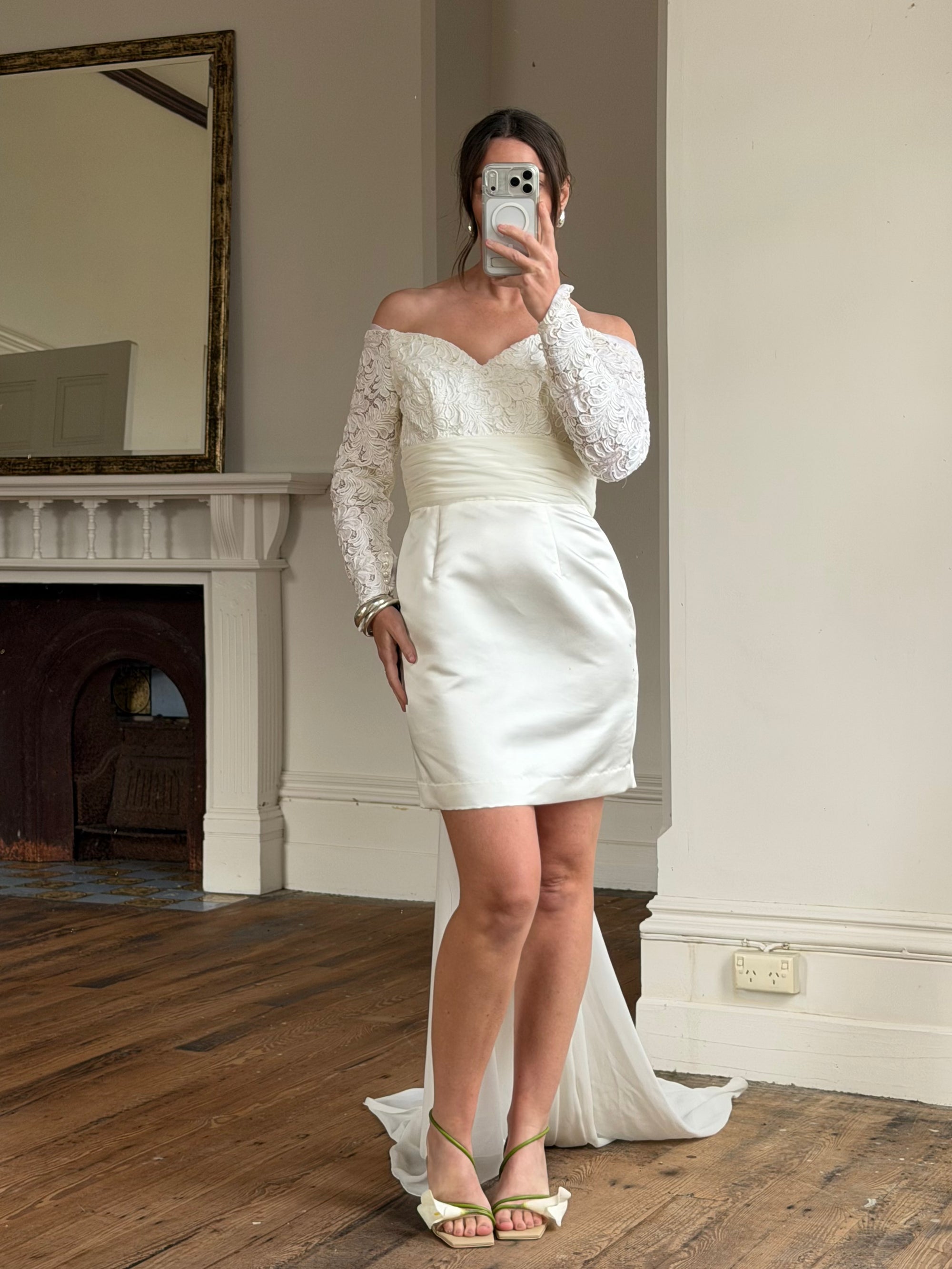 Vintage Off Shoulder Lace Satin Bridal Mini with Train