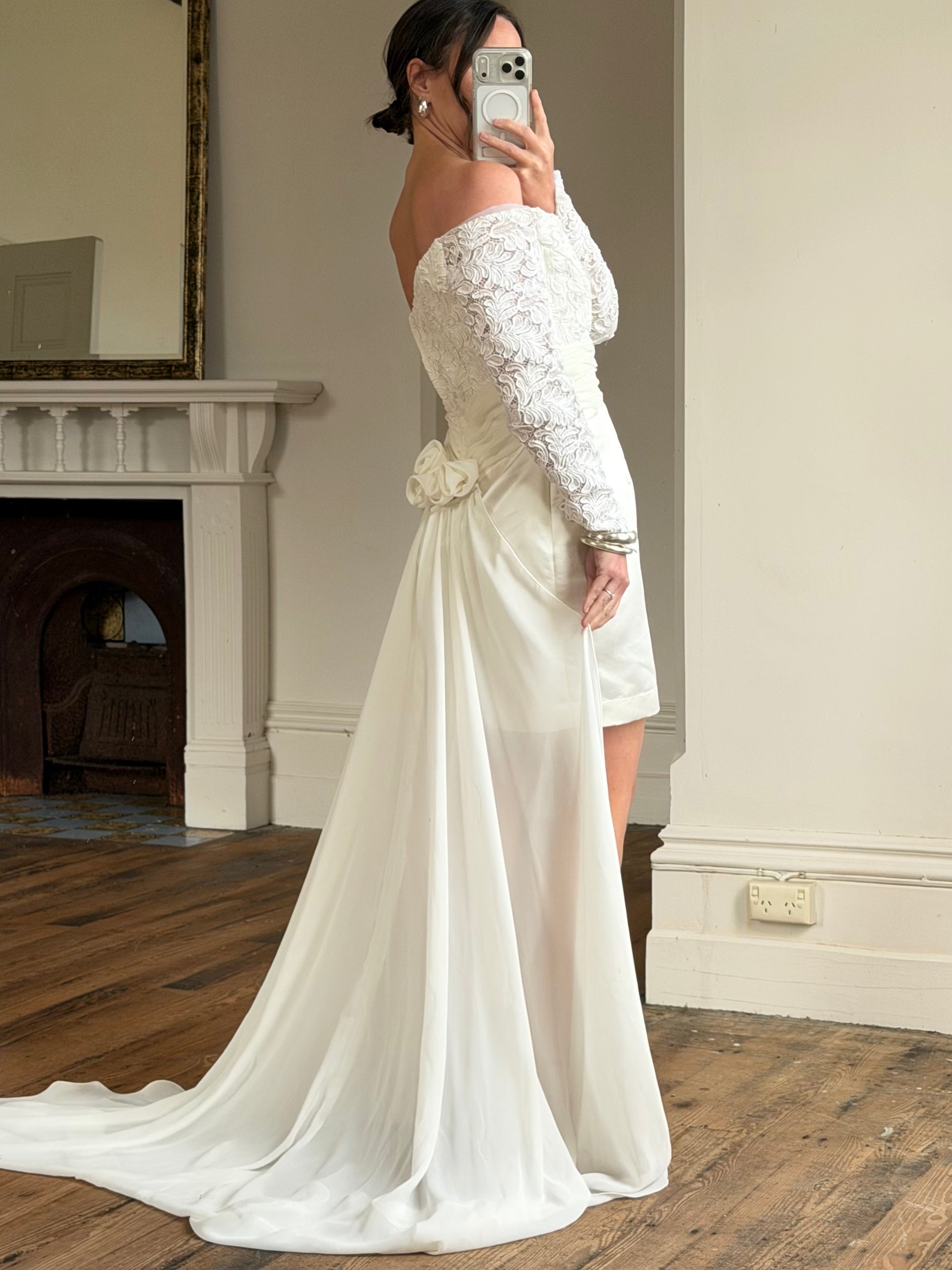 Vintage Off Shoulder Lace Satin Bridal Mini with Train