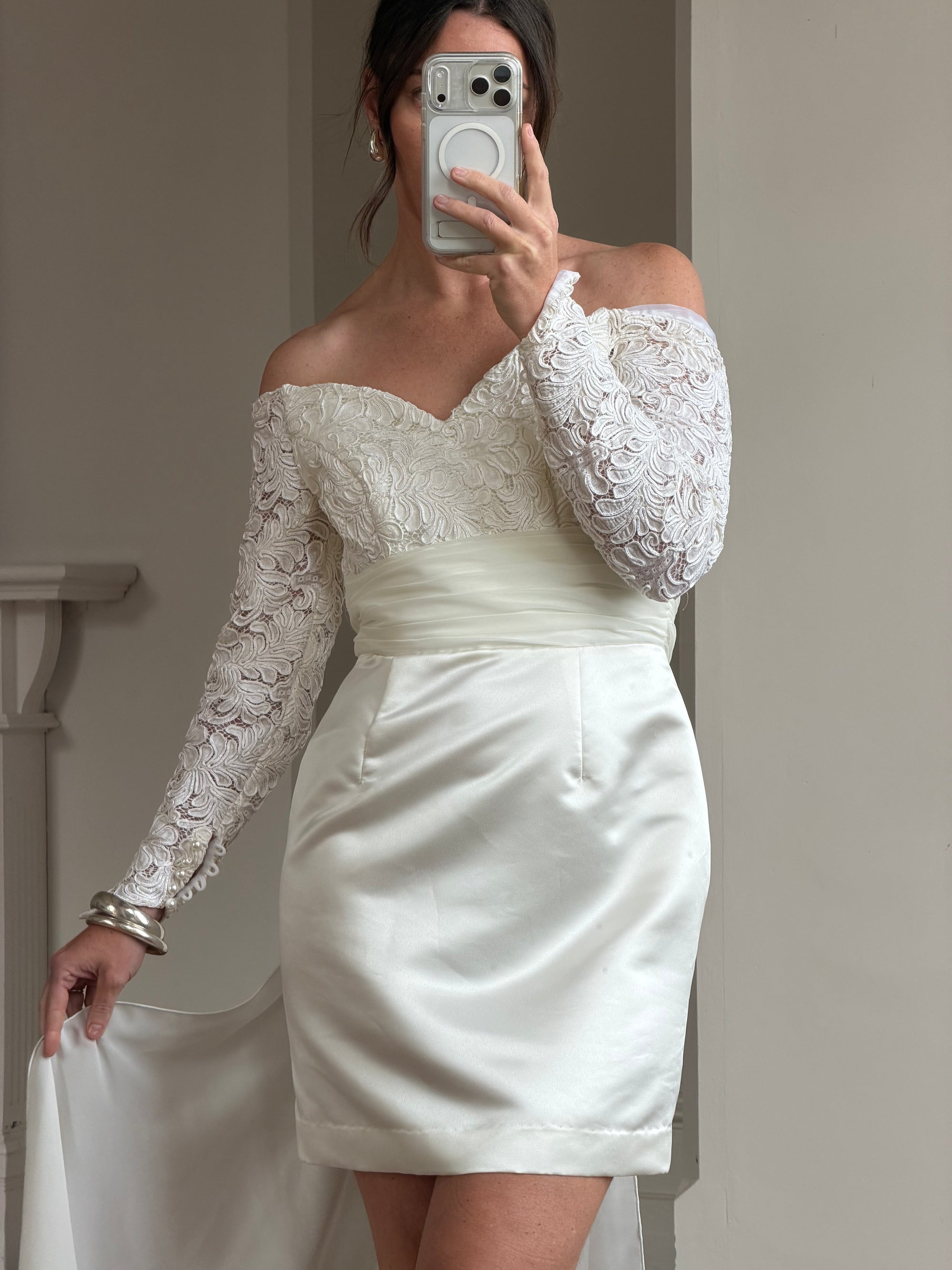 Vintage Off Shoulder Lace Satin Bridal Mini with Train