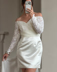 Vintage Off Shoulder Lace Satin Bridal Mini with Train