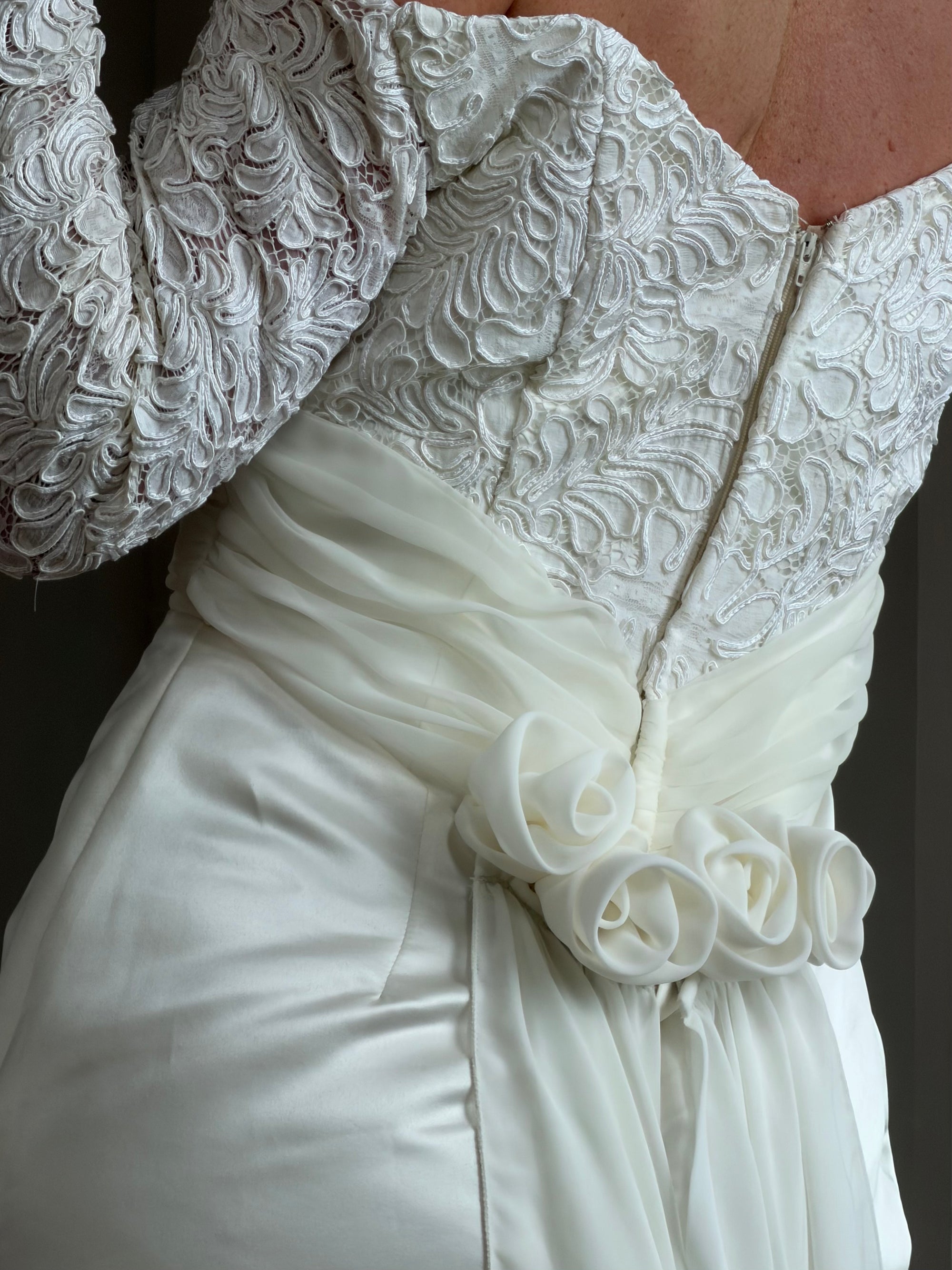 Vintage Off Shoulder Lace Satin Bridal Mini with Train