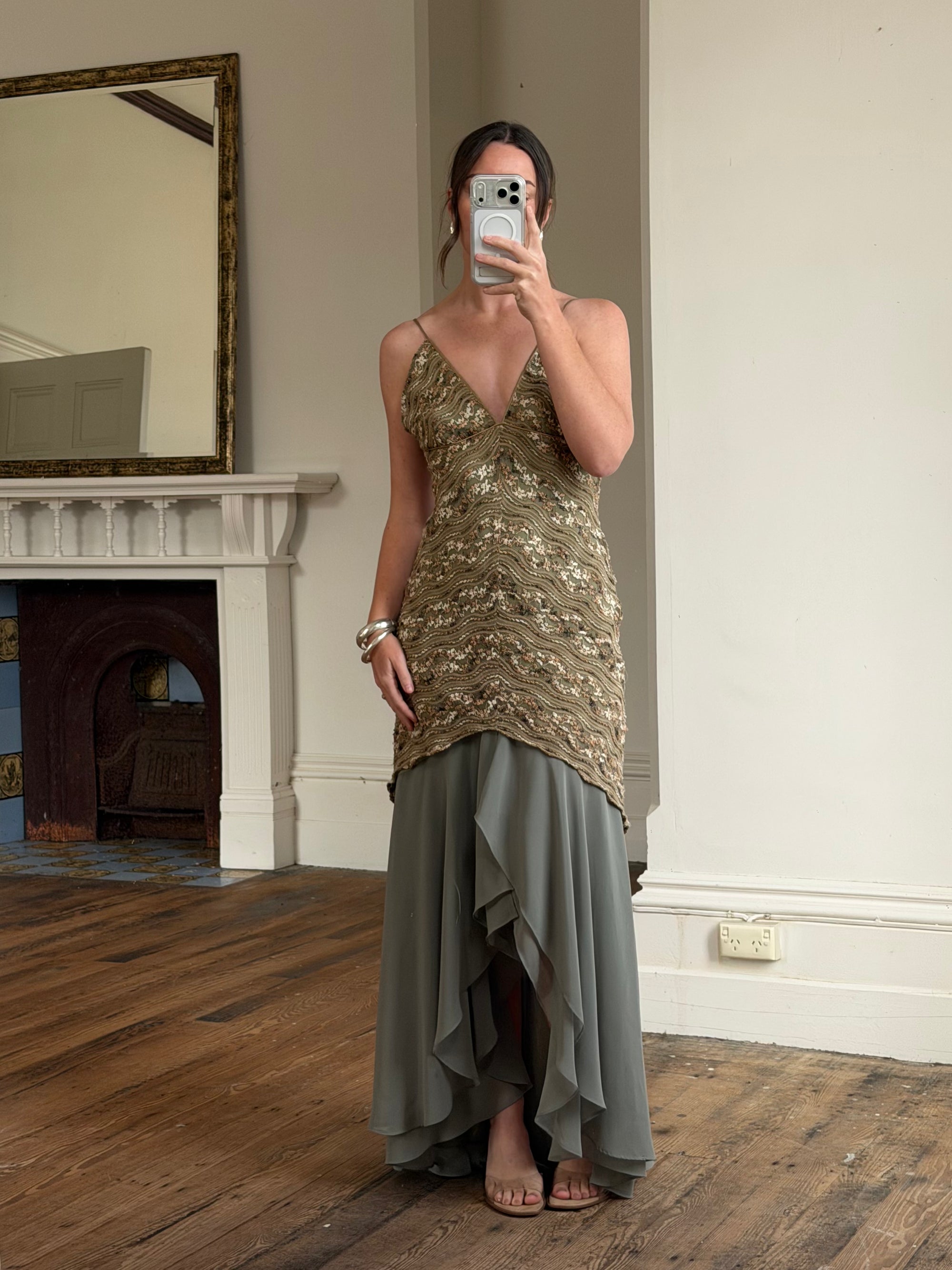 Vintage 90s Olive Lace Slip Dress