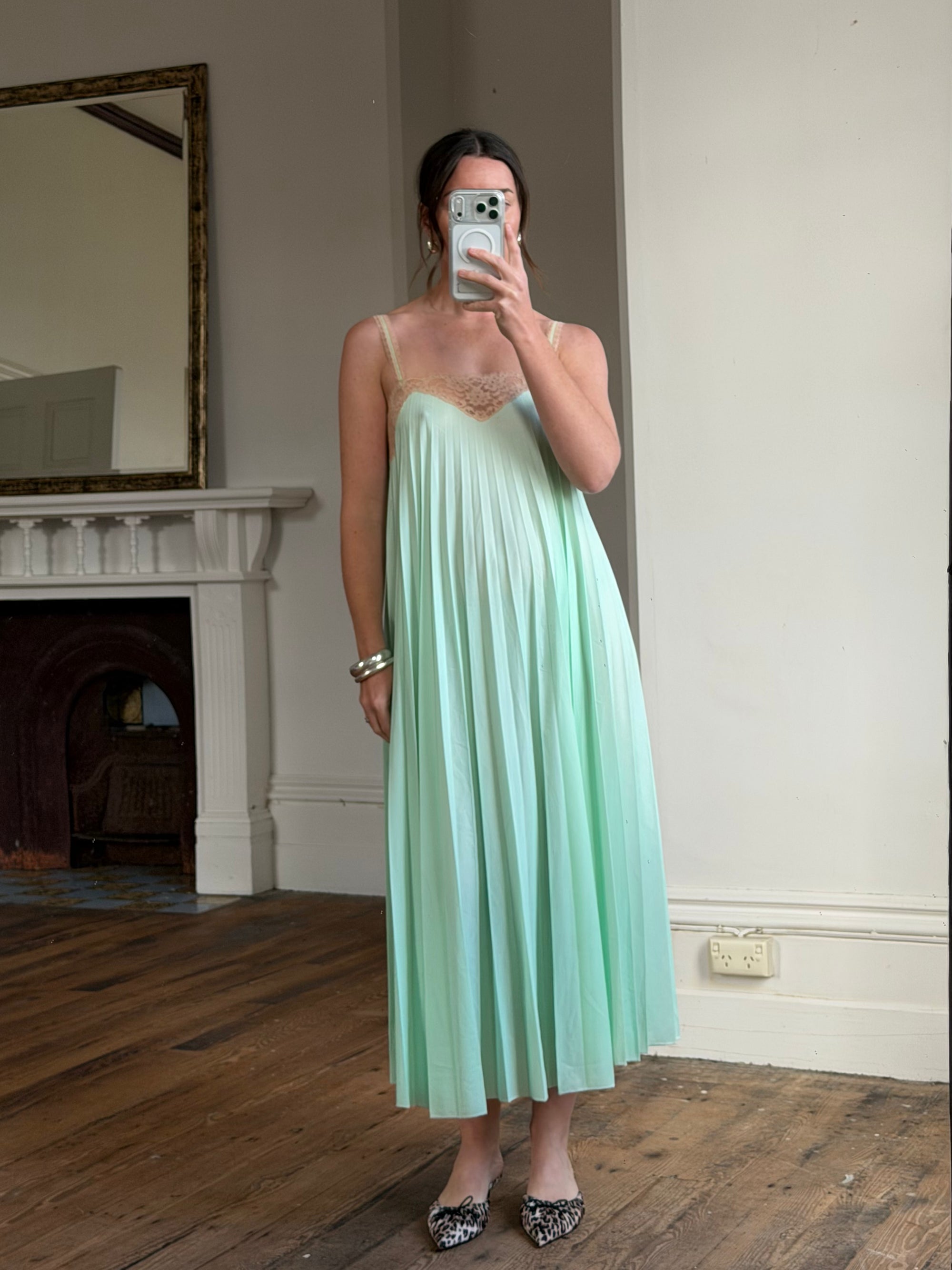Vintage 50s Pleated Mint Green Slip Dress