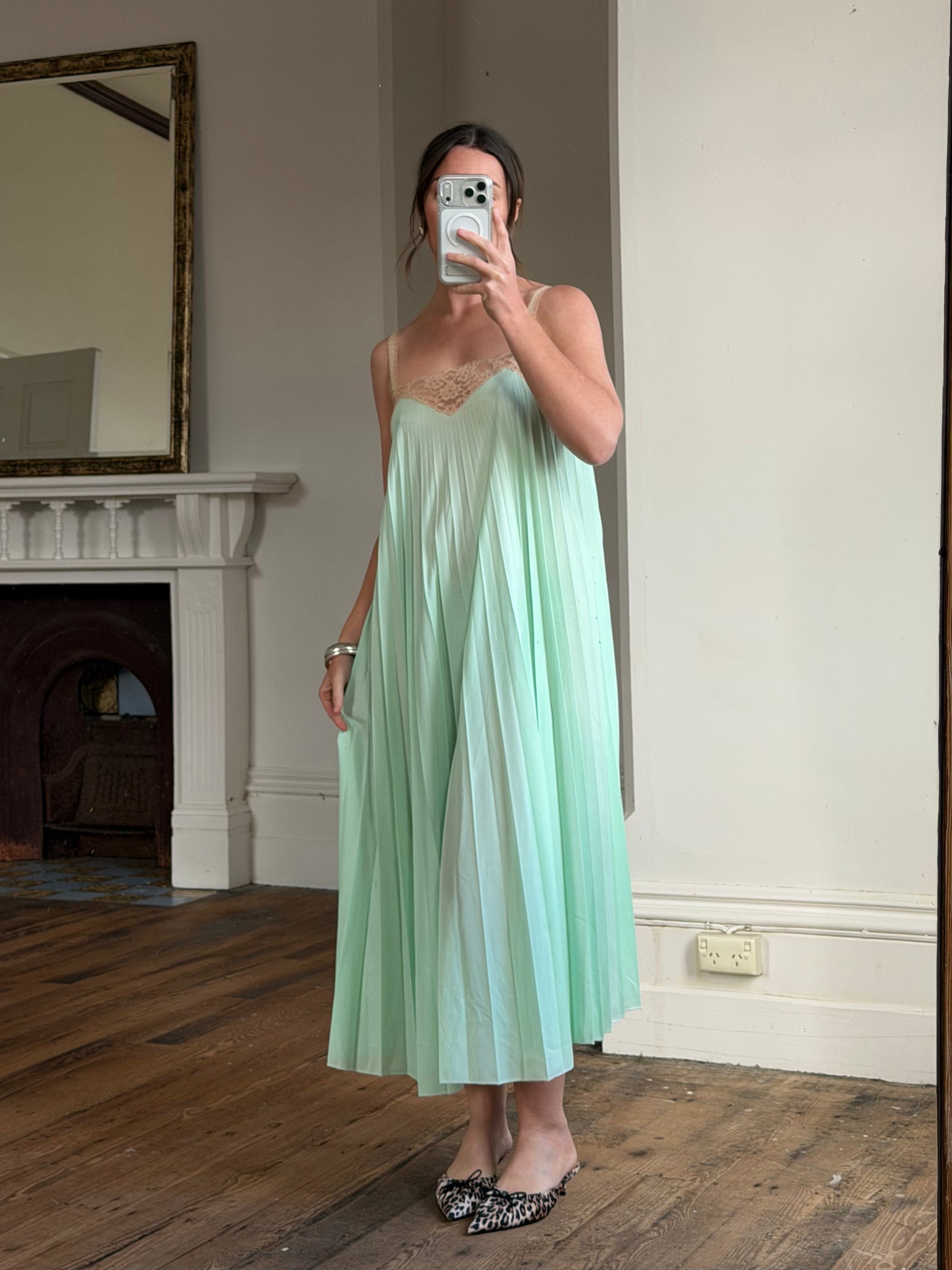 Vintage 50s Pleated Mint Green Slip Dress