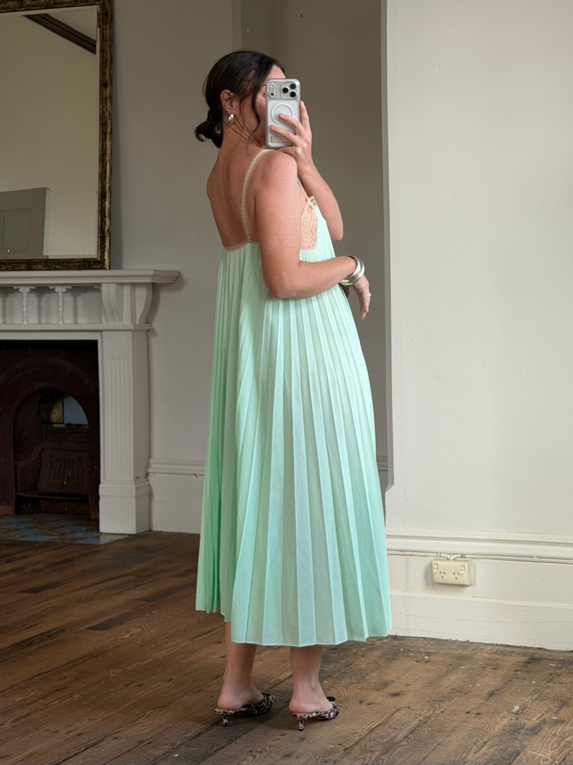 Vintage 50s Pleated Mint Green Slip Dress