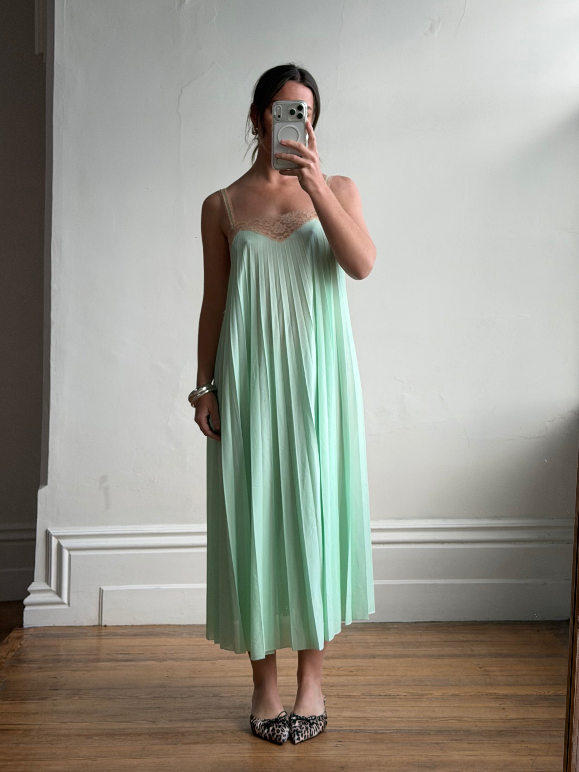 Vintage 50s Pleated Mint Green Slip Dress