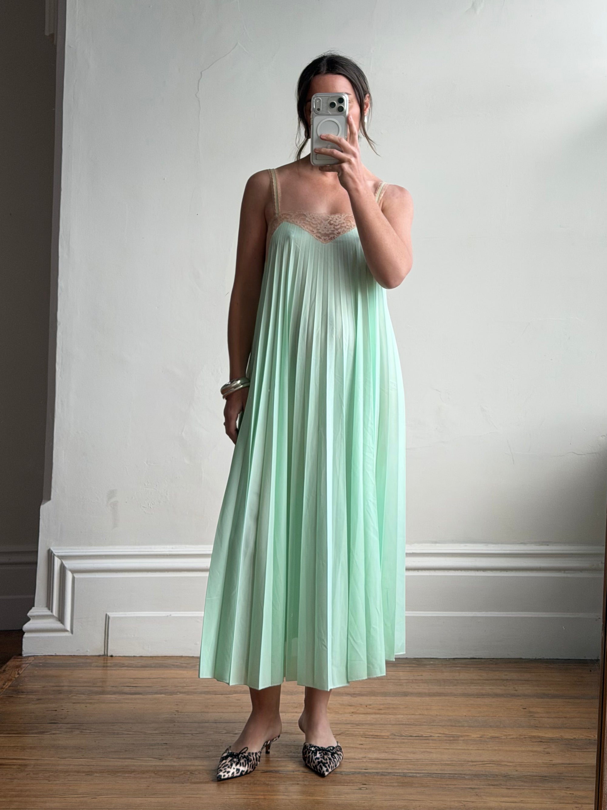 Vintage 50s Pleated Mint Green Slip Dress