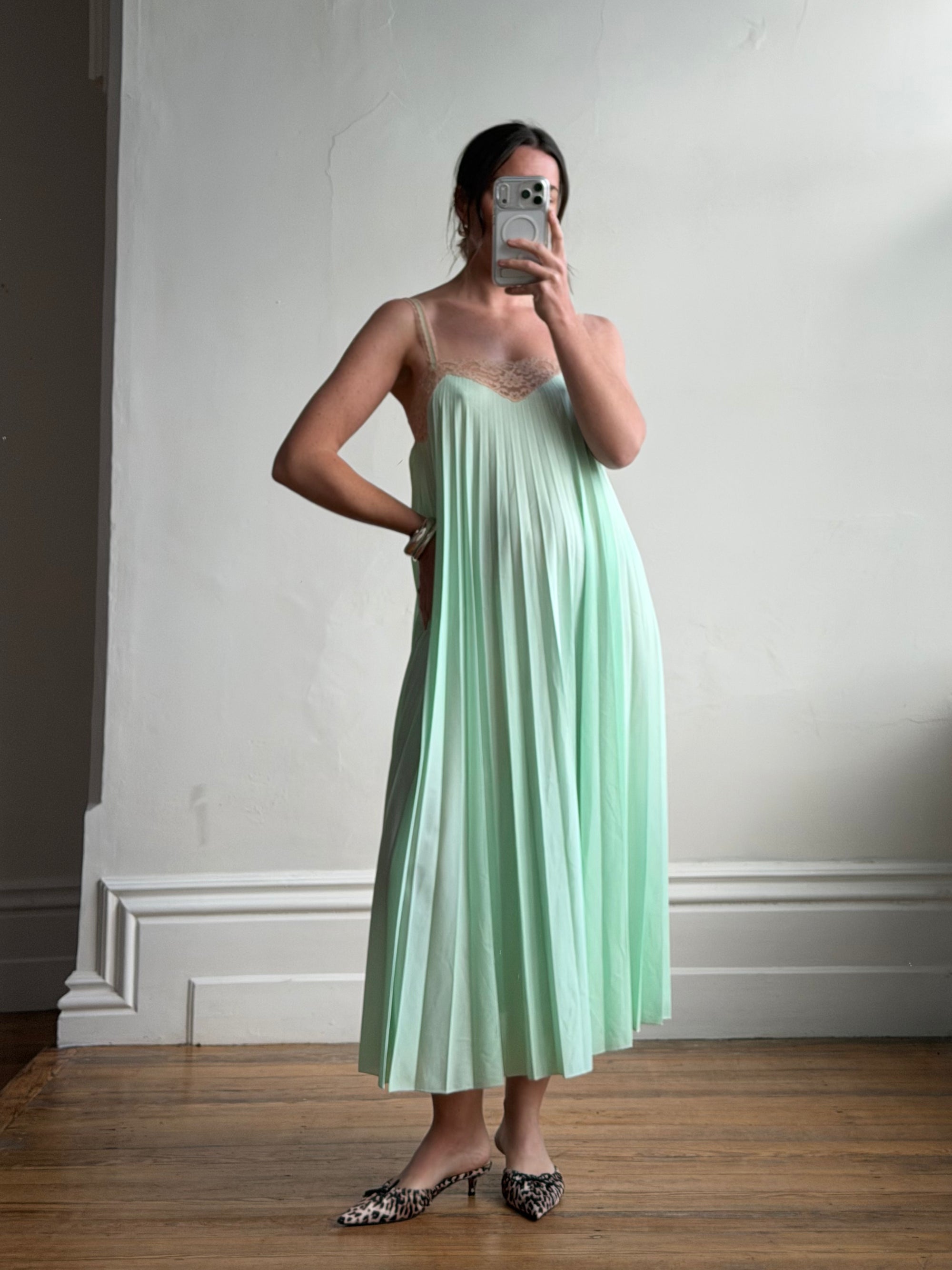 Vintage 50s Pleated Mint Green Slip Dress