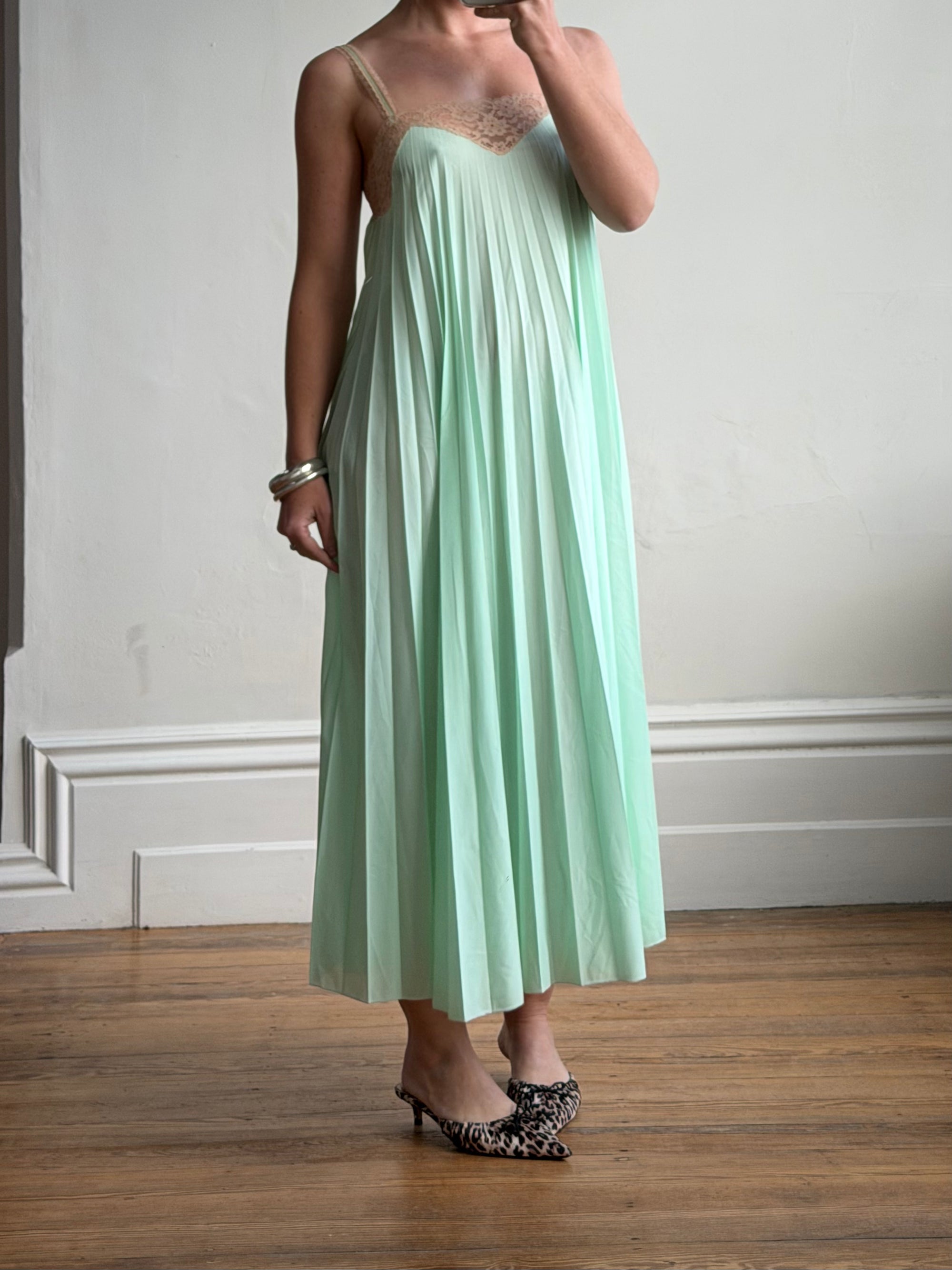 Vintage 50s Pleated Mint Green Slip Dress