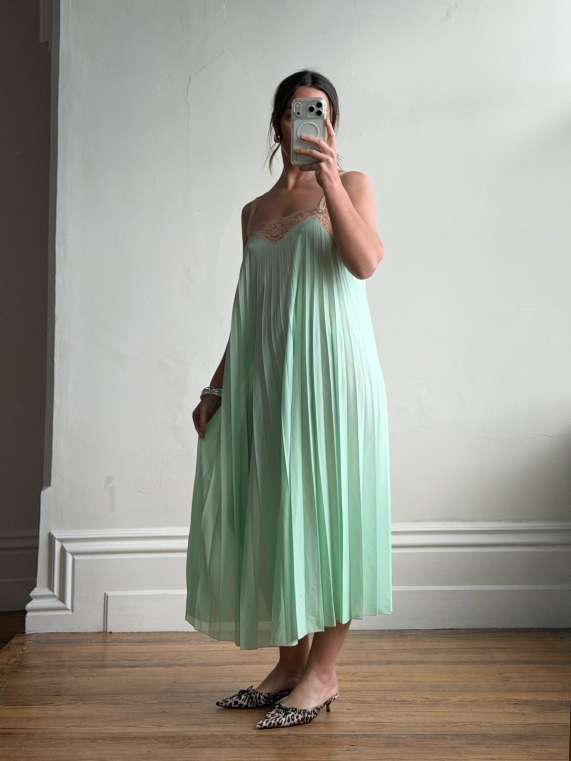 Vintage 50s Pleated Mint Green Slip Dress