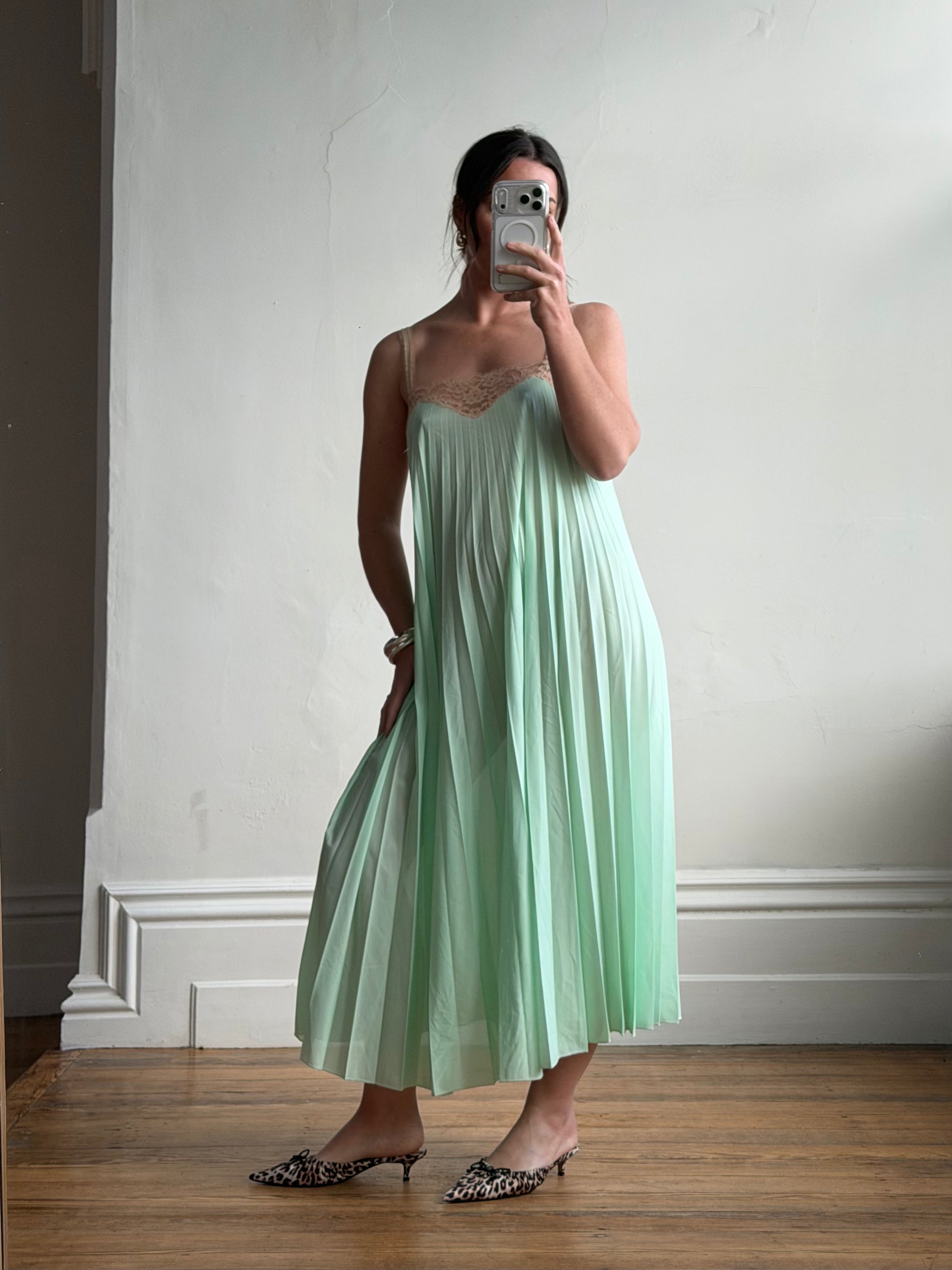Vintage 50s Pleated Mint Green Slip Dress