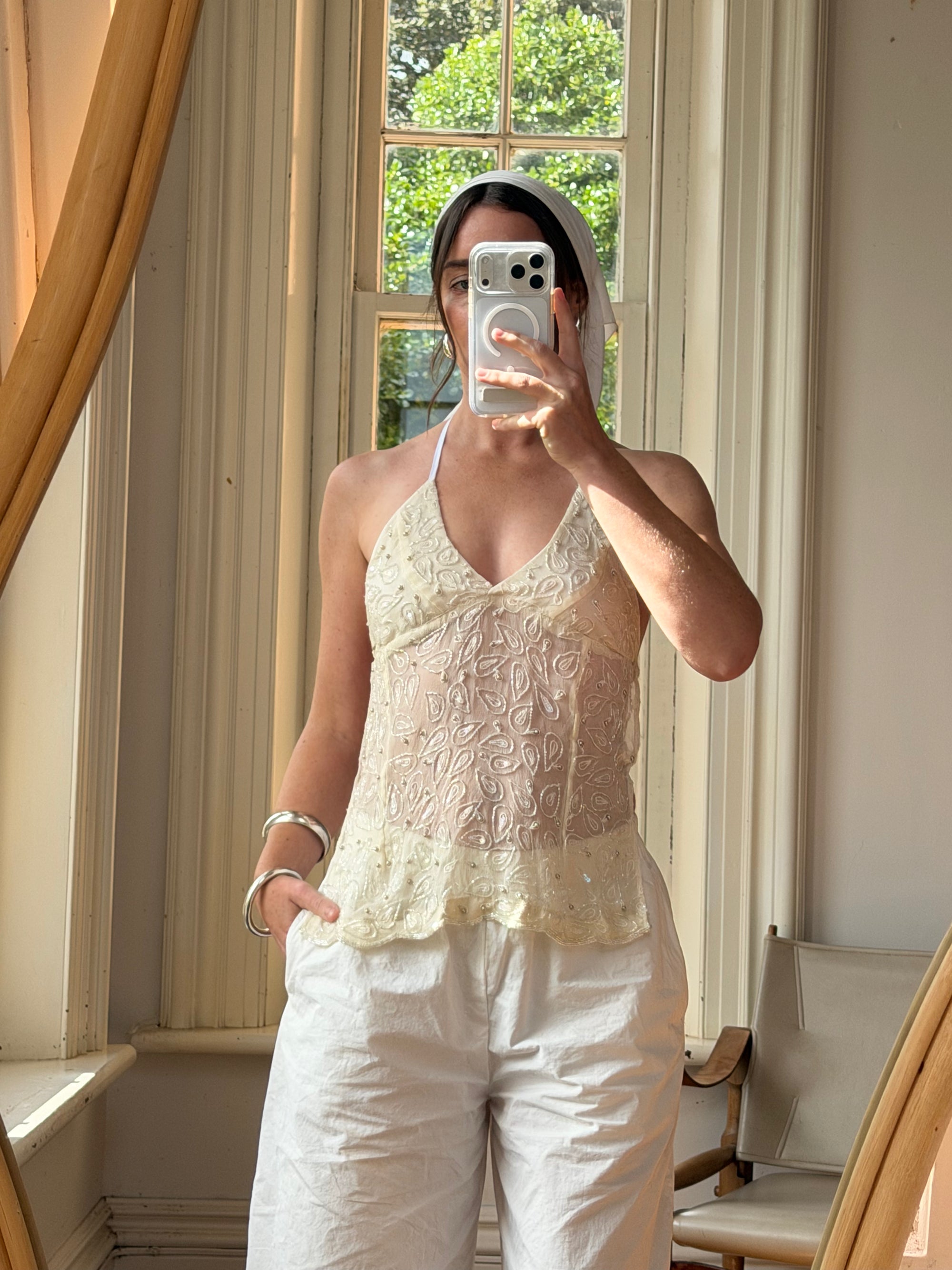 Vintage Y2K Beaded Silk Halter Top Ivory