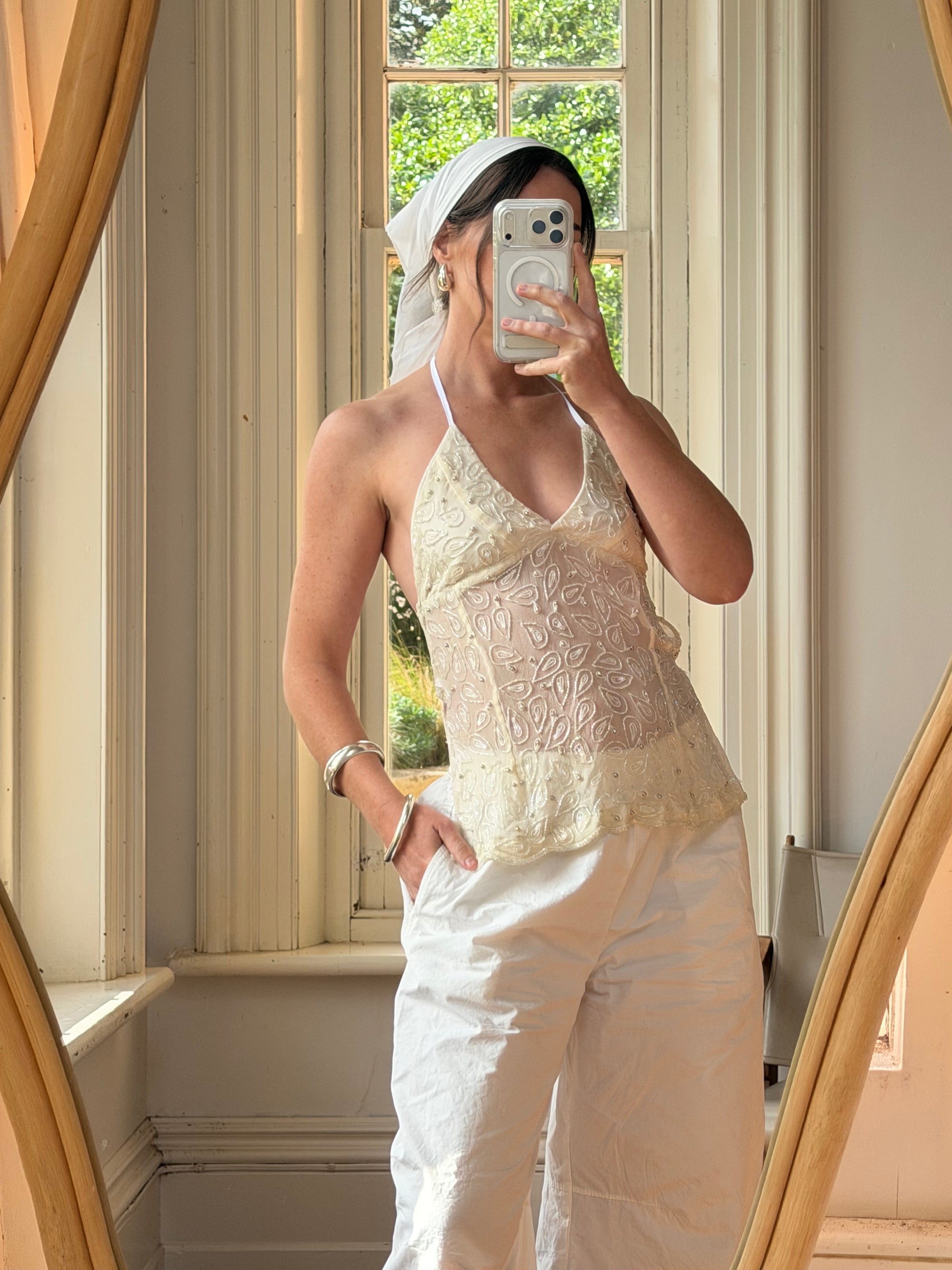 Vintage Y2K Beaded Silk Halter Top Ivory