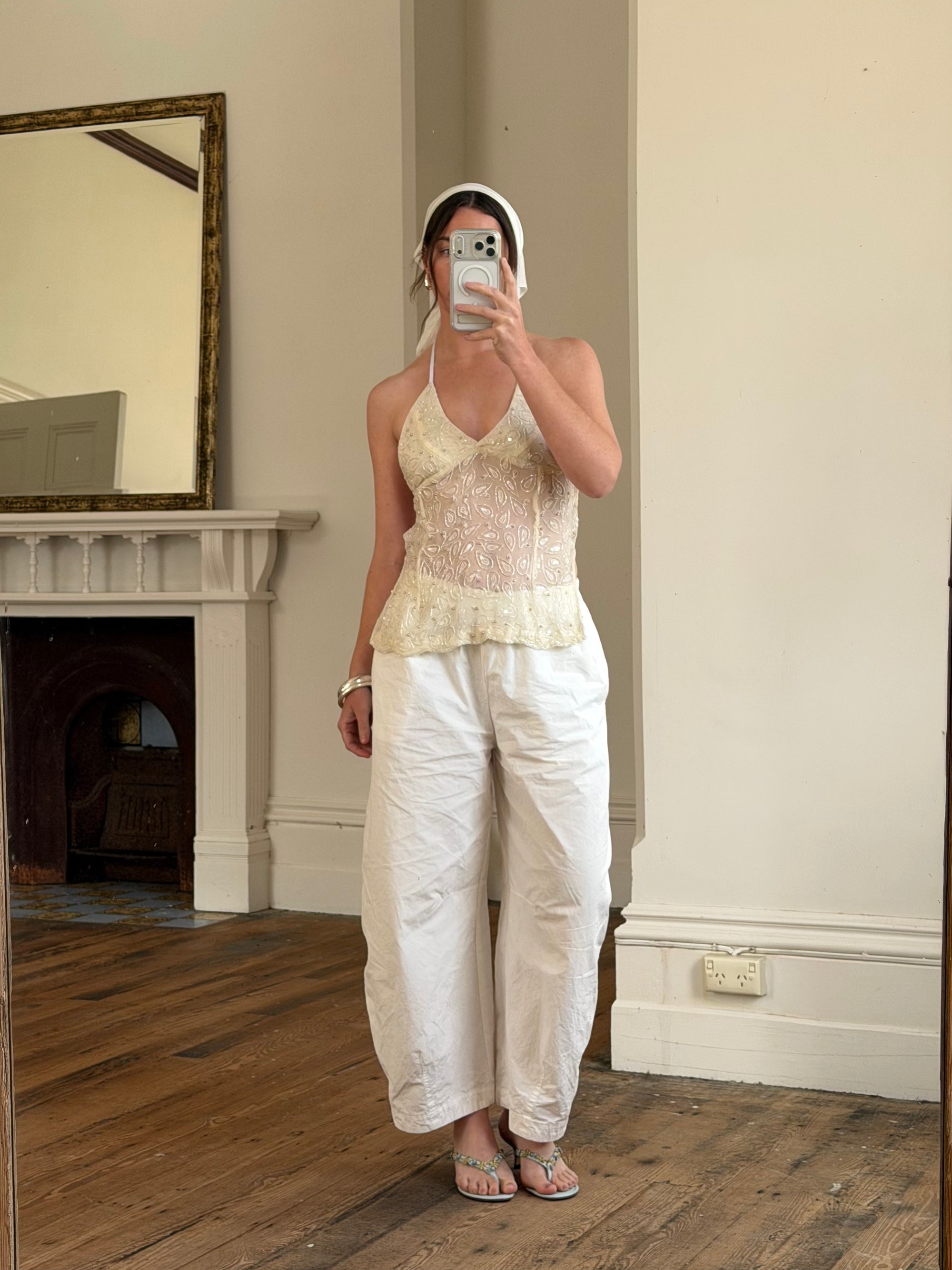 Vintage Y2K Beaded Silk Halter Top Ivory