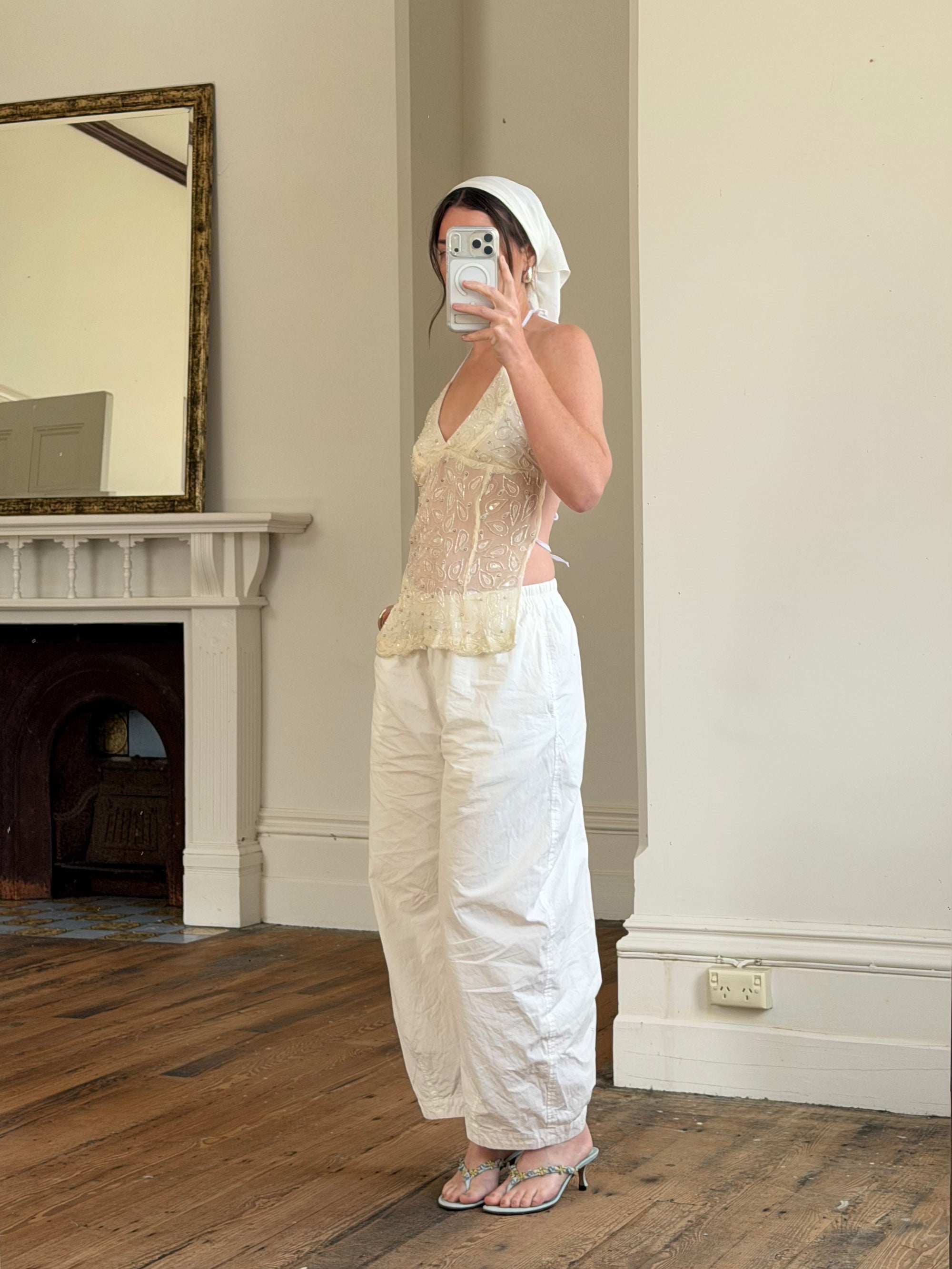 Vintage Y2K Beaded Silk Halter Top Ivory