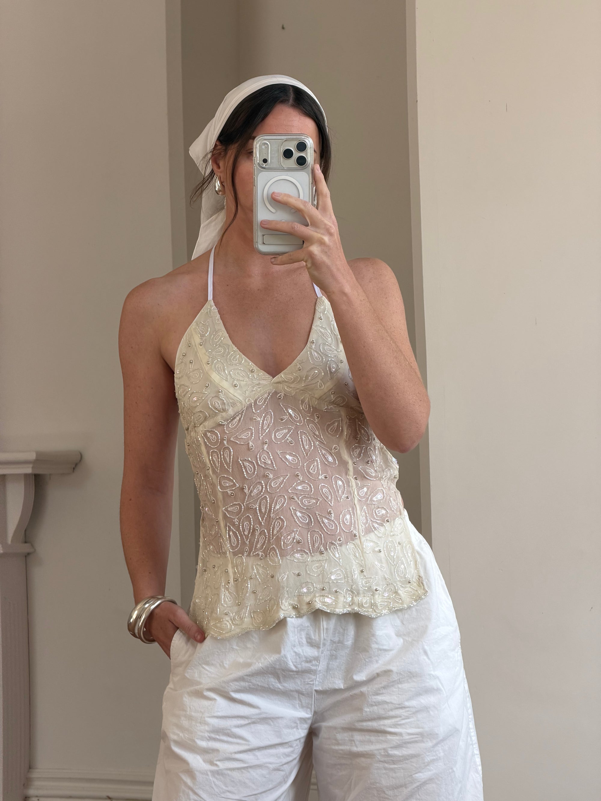Vintage Y2K Beaded Silk Halter Top Ivory