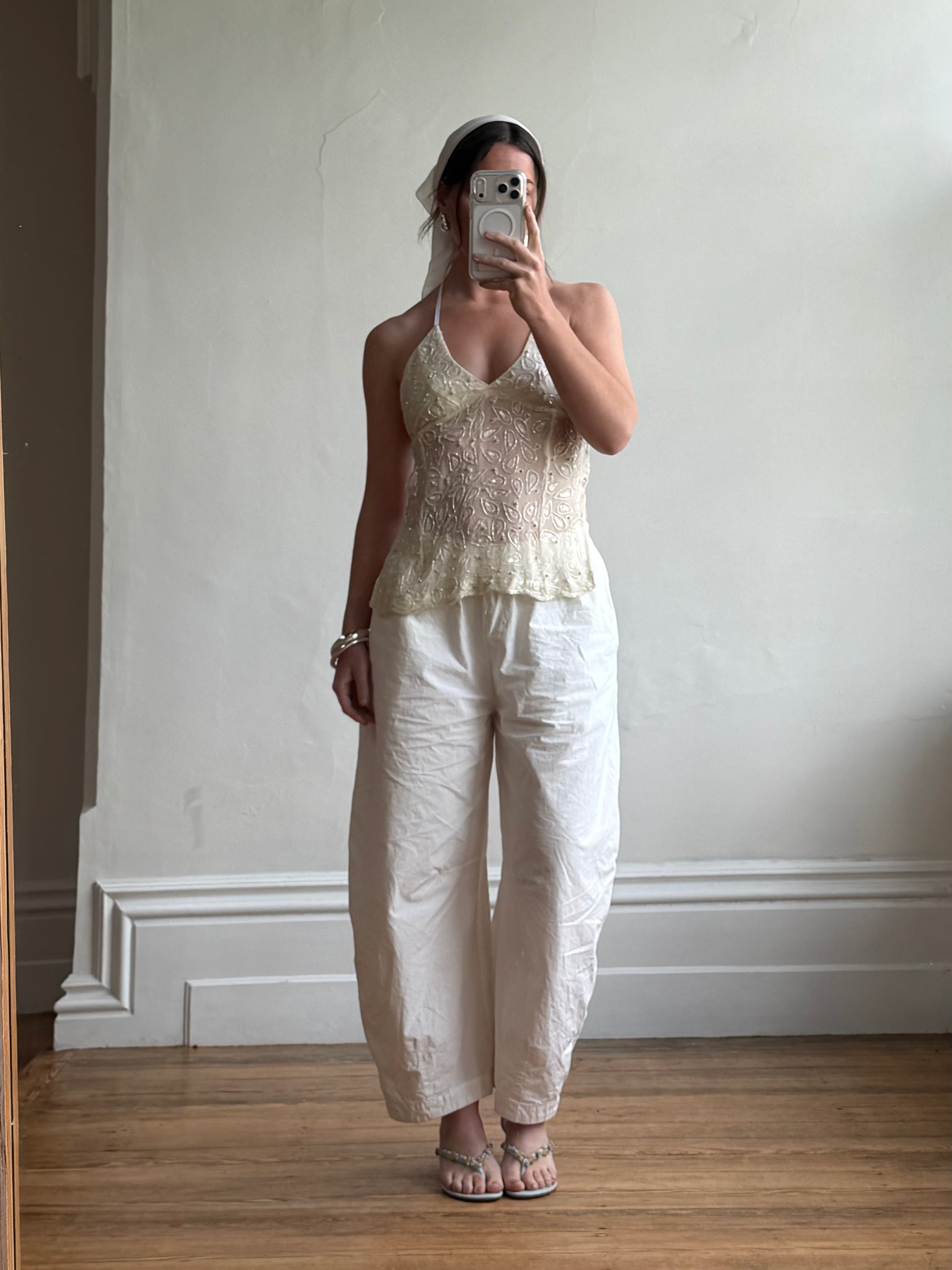 Vintage Y2K Beaded Silk Halter Top Ivory