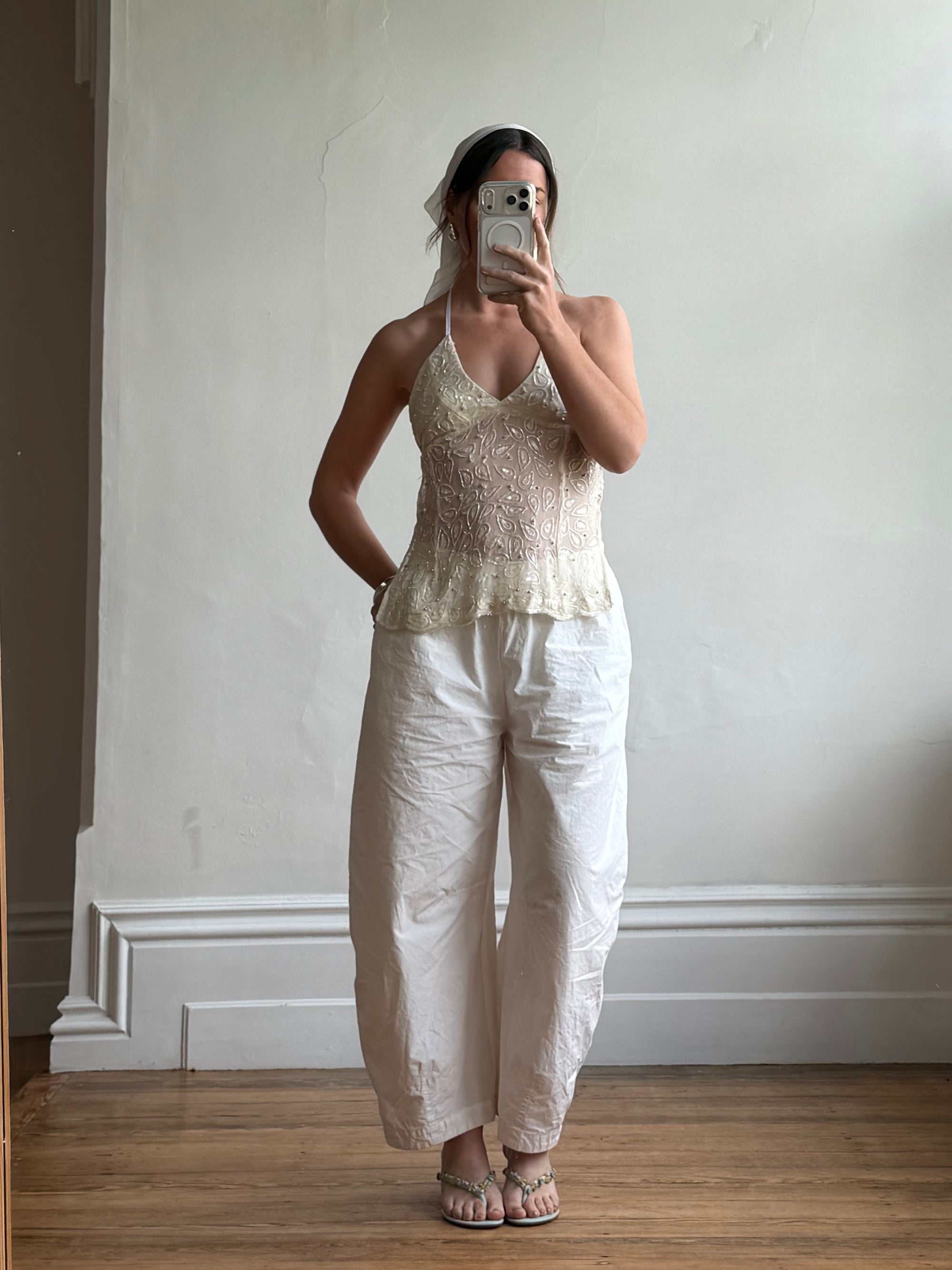 Vintage Y2K Beaded Silk Halter Top Ivory