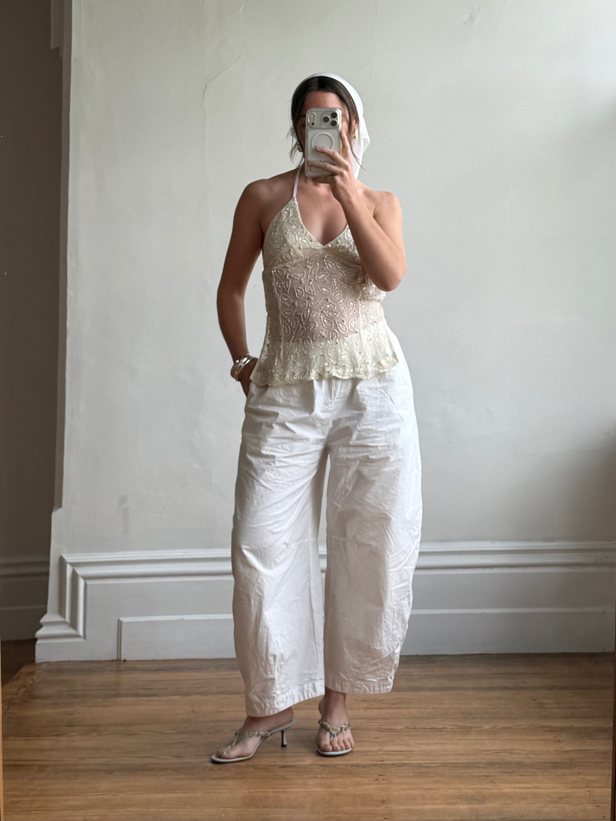 Vintage Y2K Beaded Silk Halter Top Ivory