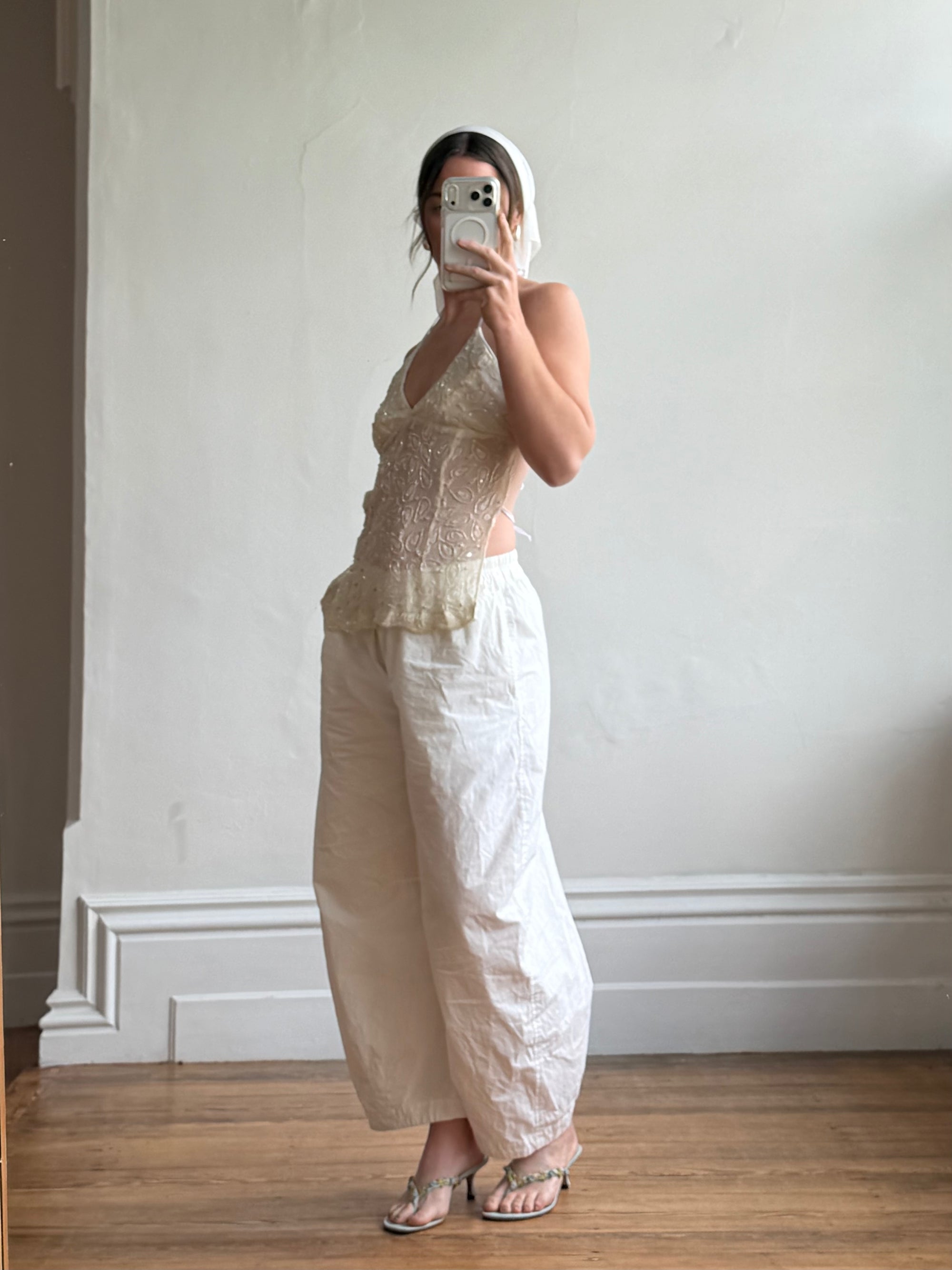 Vintage Y2K Beaded Silk Halter Top Ivory