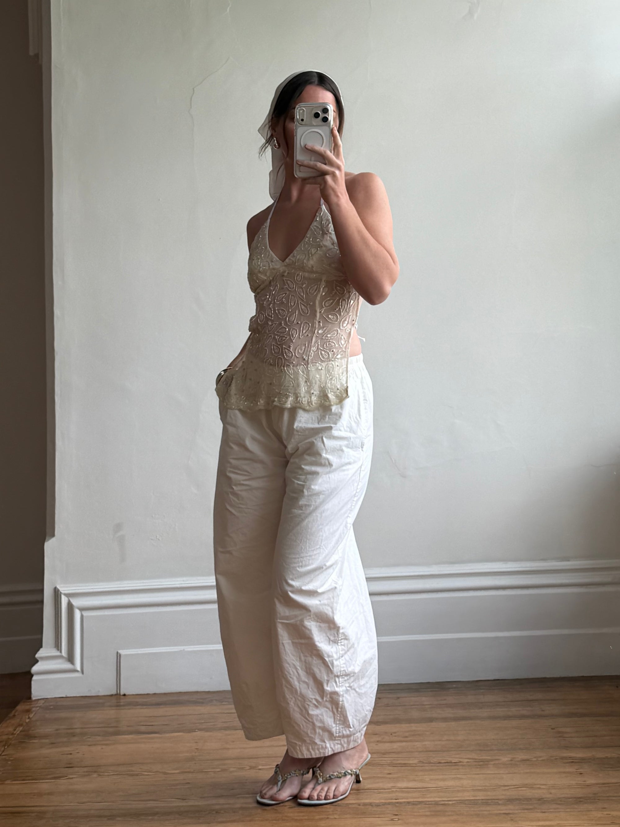 Vintage Y2K Beaded Silk Halter Top Ivory