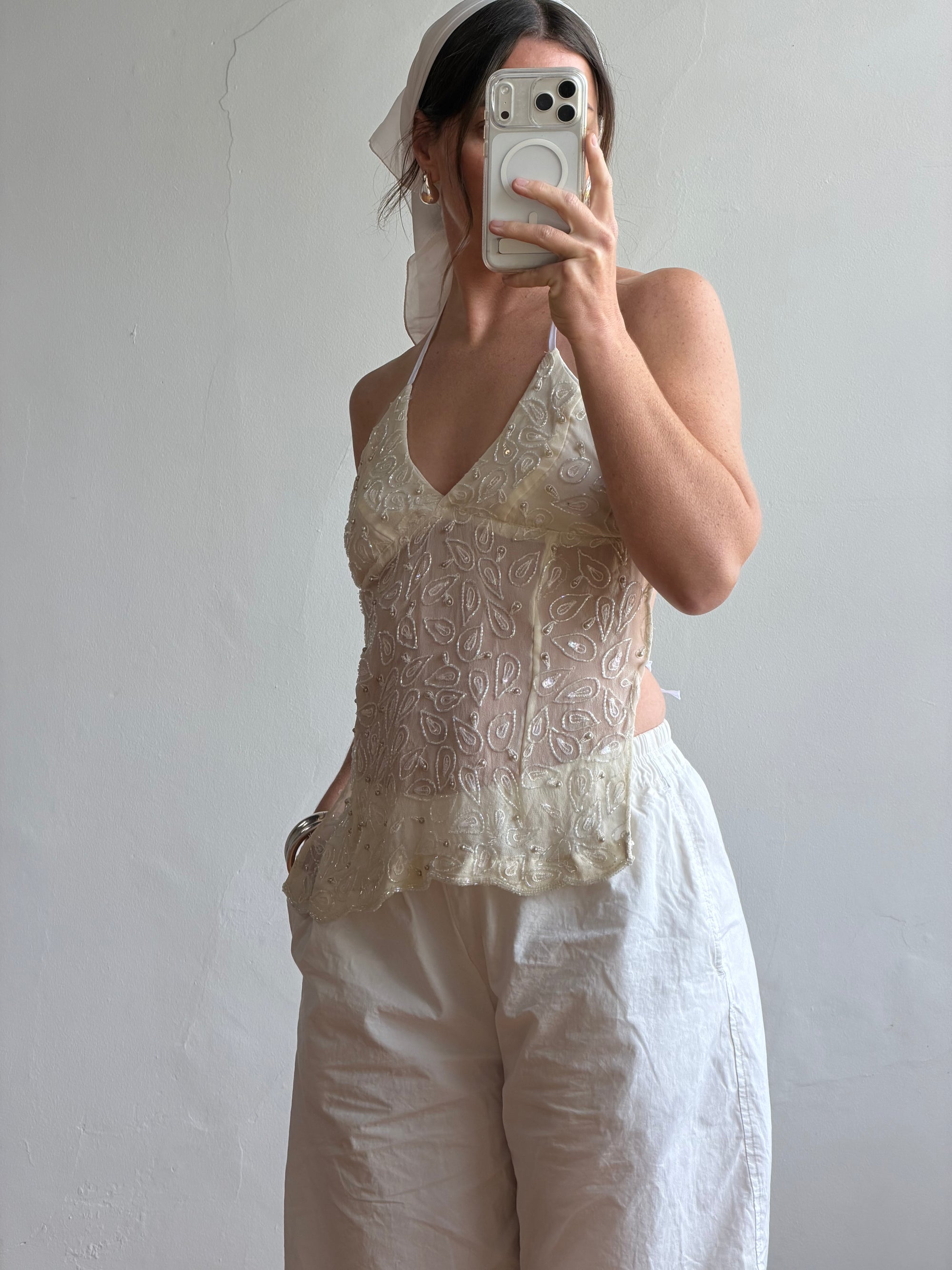 Vintage Y2K Beaded Silk Halter Top Ivory