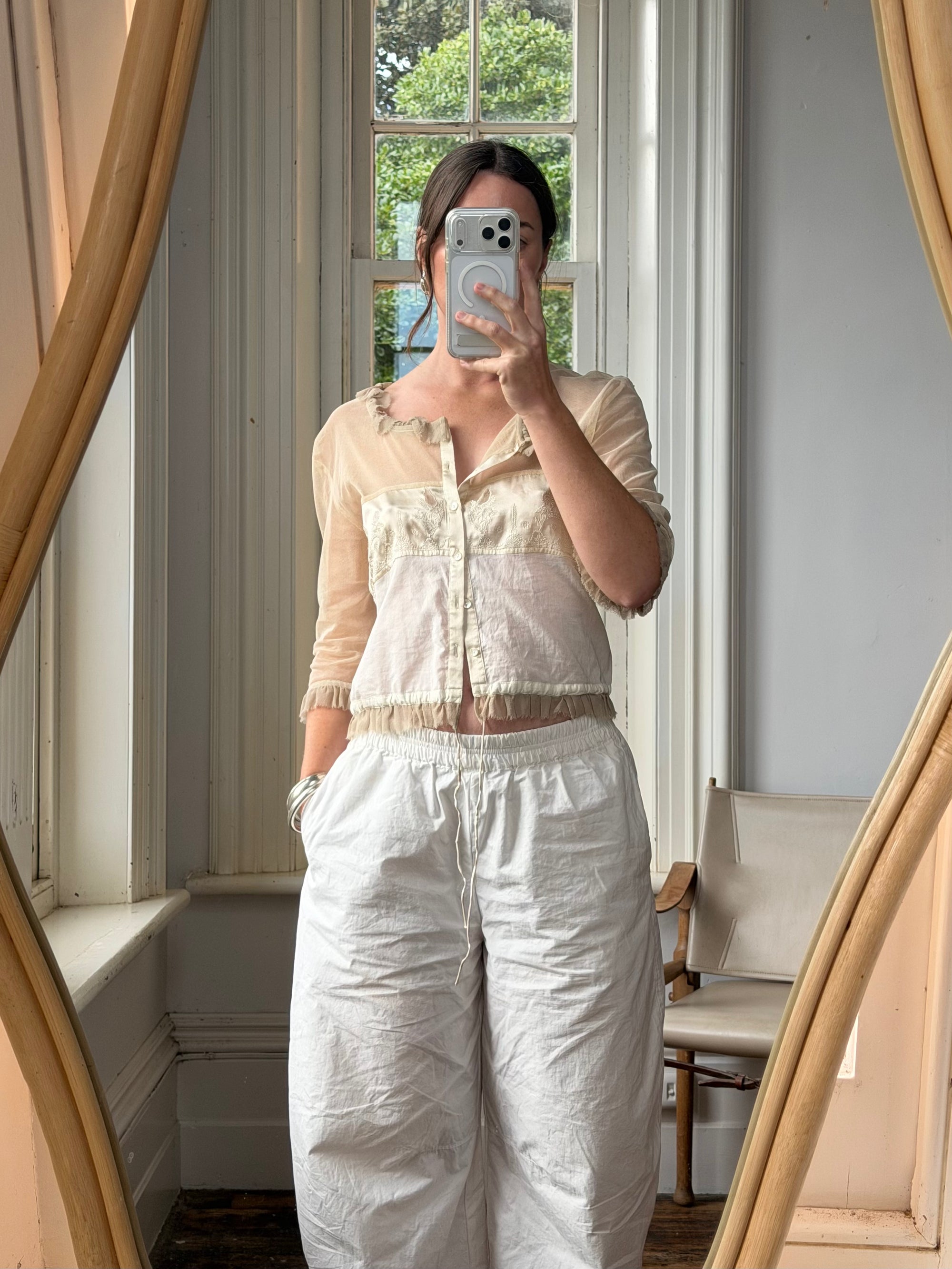 Vintage 90s Silk Ruffle Embroidered Blouse Creme