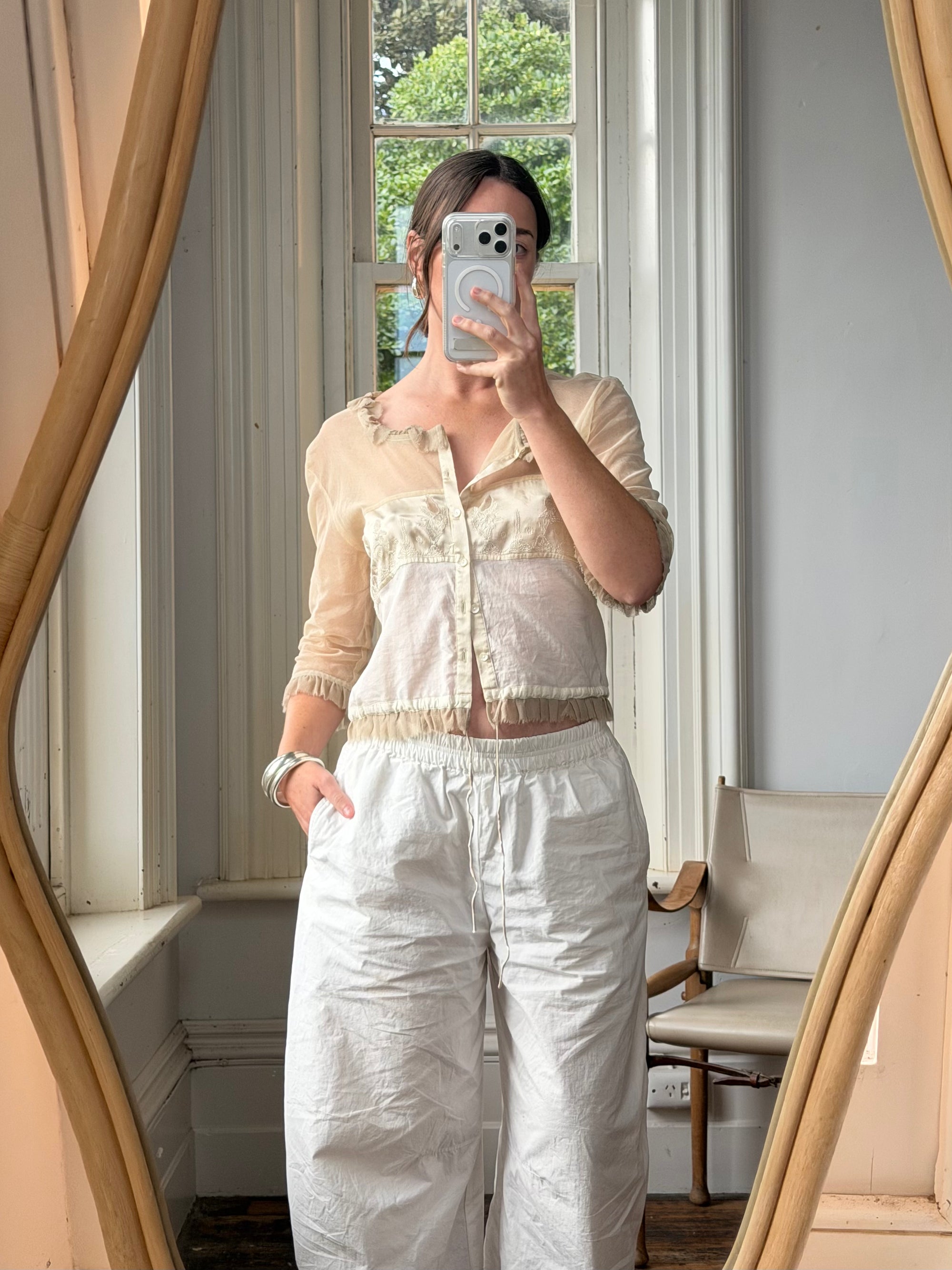Vintage 90s Silk Ruffle Embroidered Blouse Creme