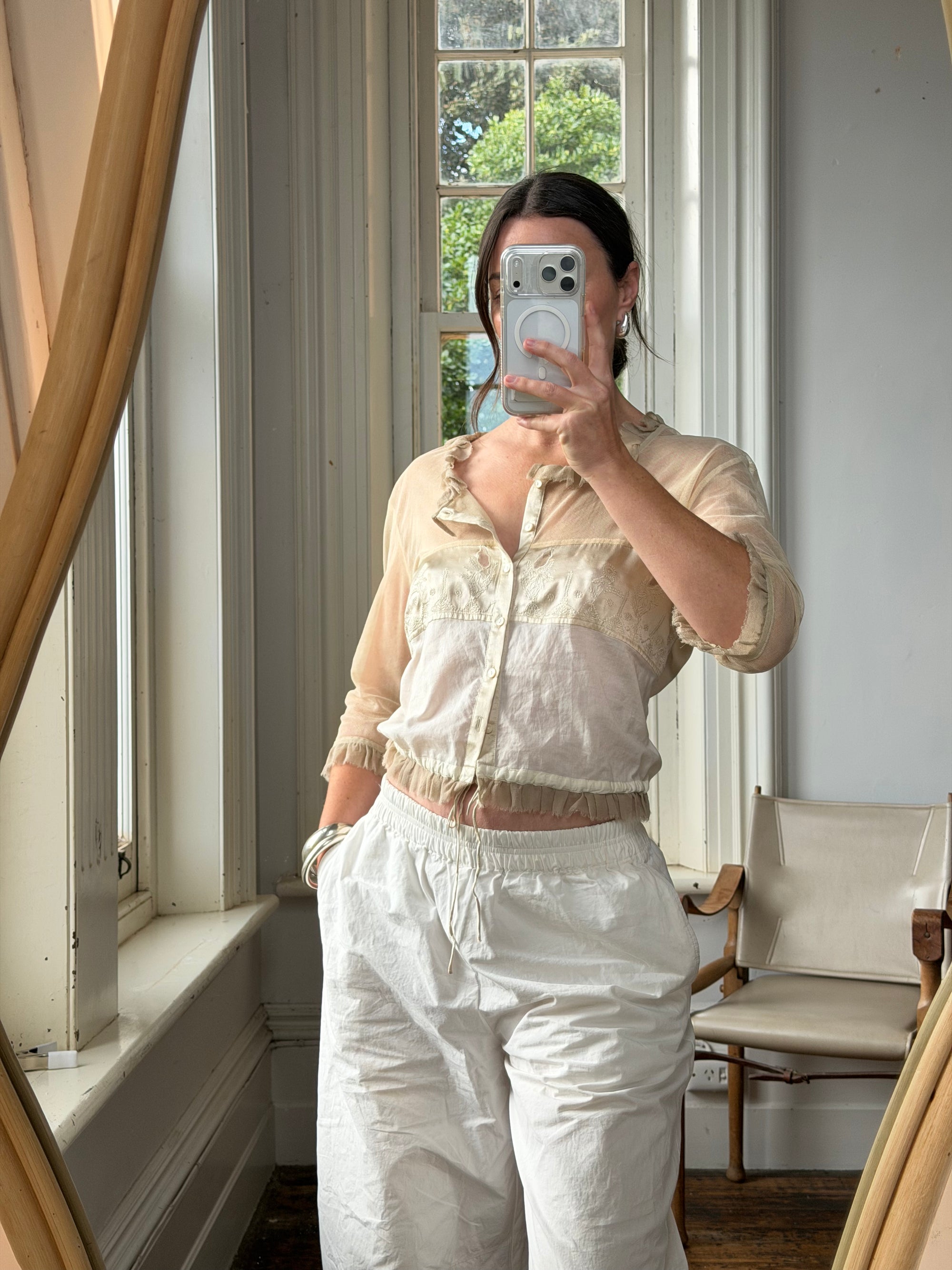 Vintage 90s Silk Ruffle Embroidered Blouse Creme